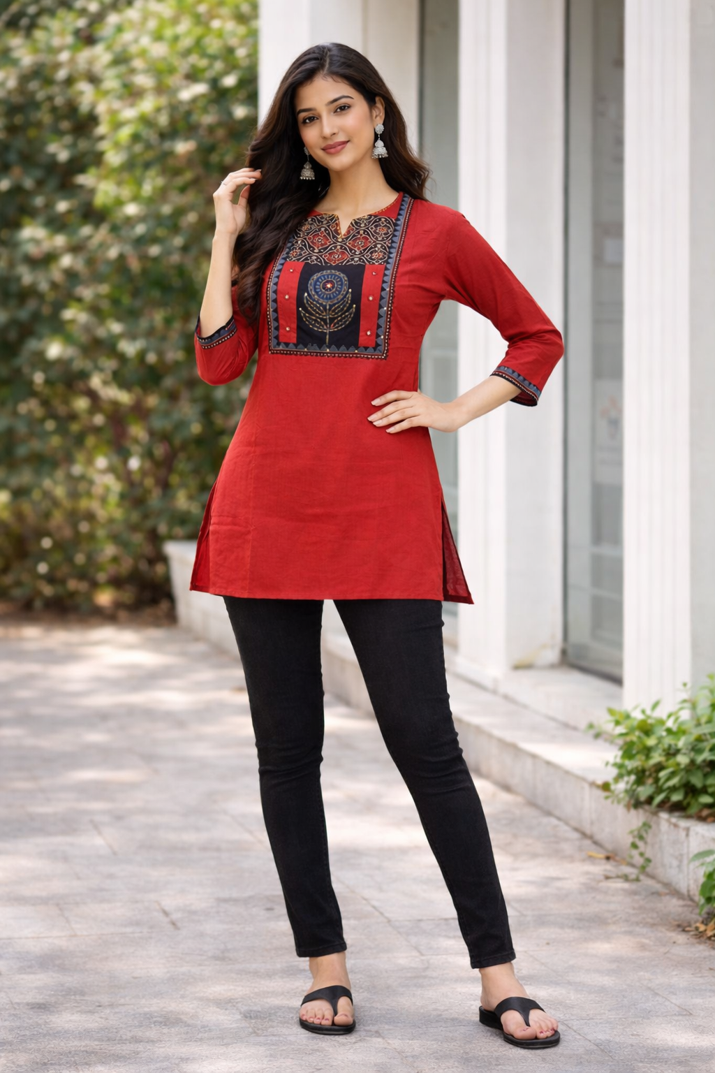 Elegant Rust Red Cotton Short Top with Handcrafted Ethnic Panel Design