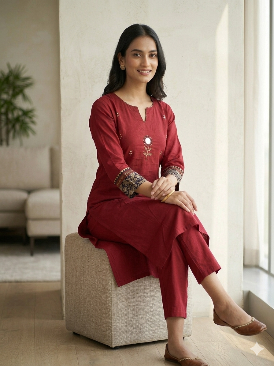 Maroon Embroidered Cotton Blend Kurta Pant Set for Women | Stylish 2 Piece Ethnic Wear