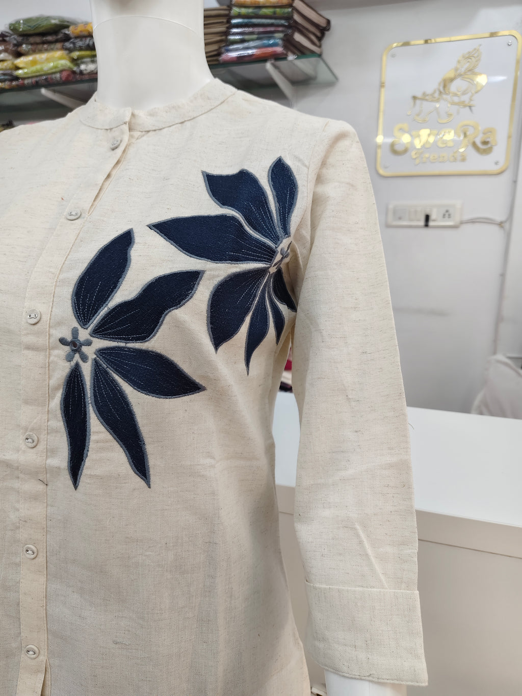 Women’s Cotton Flex Floral Embroidered Short Top – Off White & Navy Blue