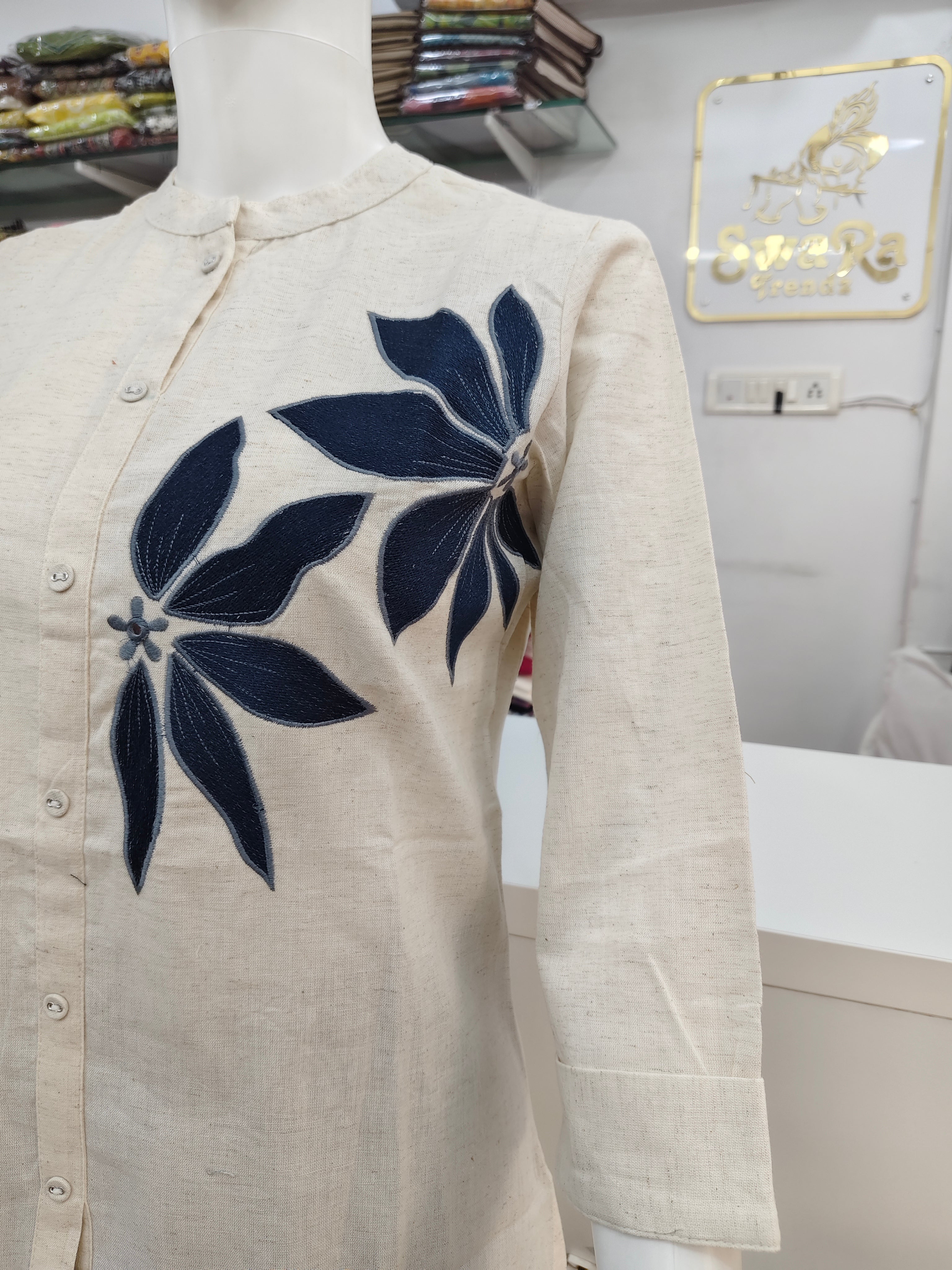 Women’s Cotton Flex Floral Embroidered Short Top – Off White & Navy Blue