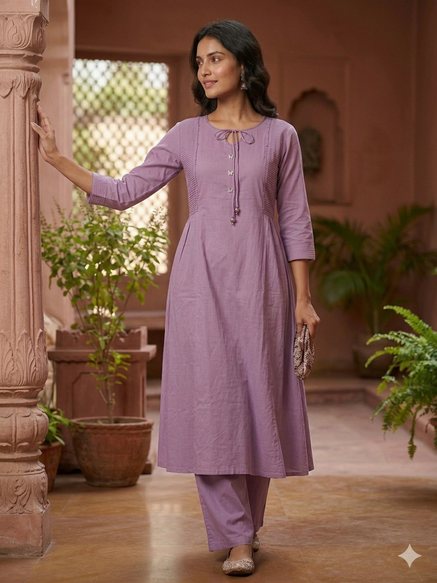 Elegant Cotton Flex 2-Piece Kurti Palazzo Set – Lavender Purple