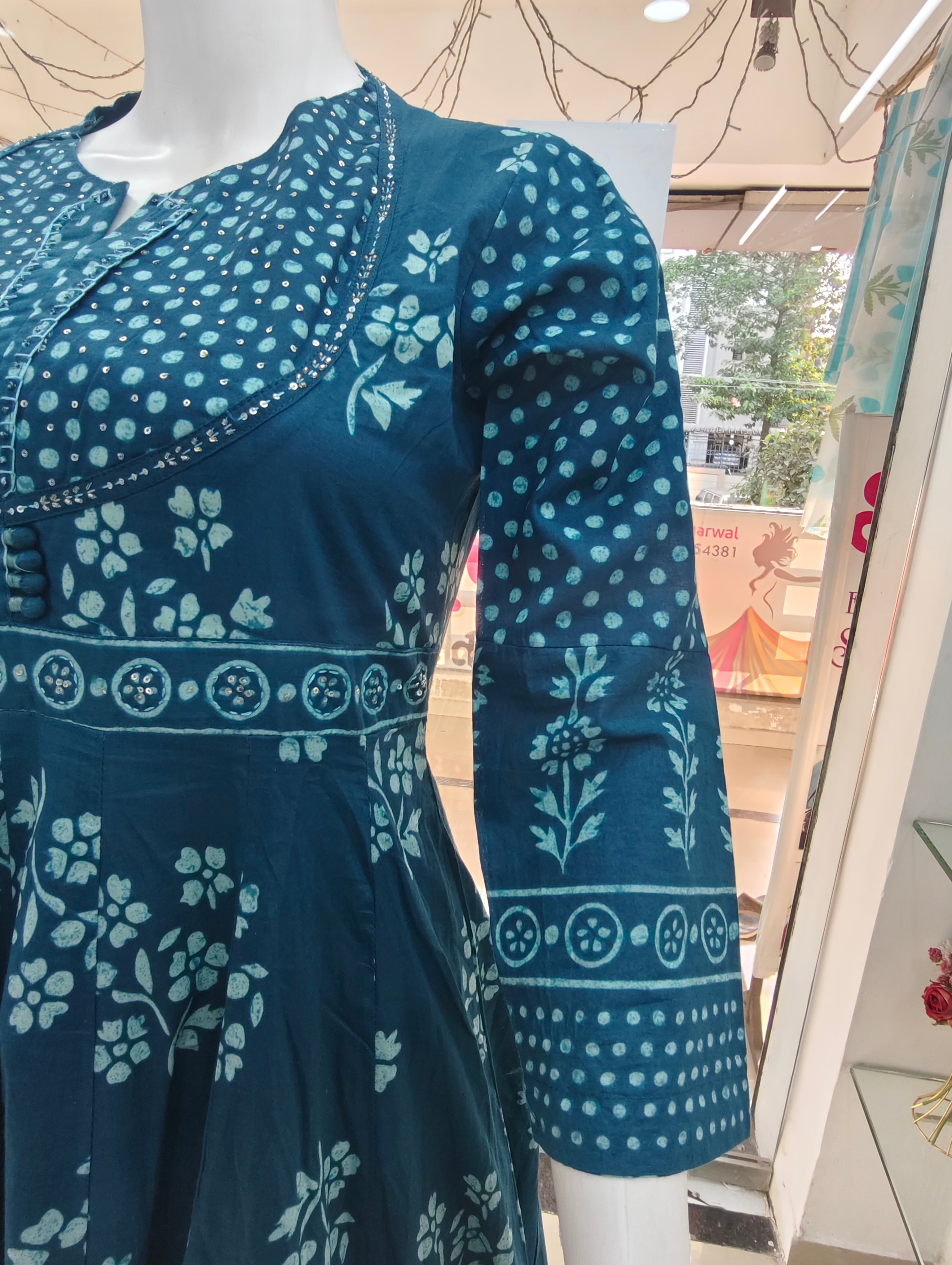 Teal Blue Handblock Printed Cotton Anarkali Suit Set with Dupatta | 3 Piece Ethnic Set