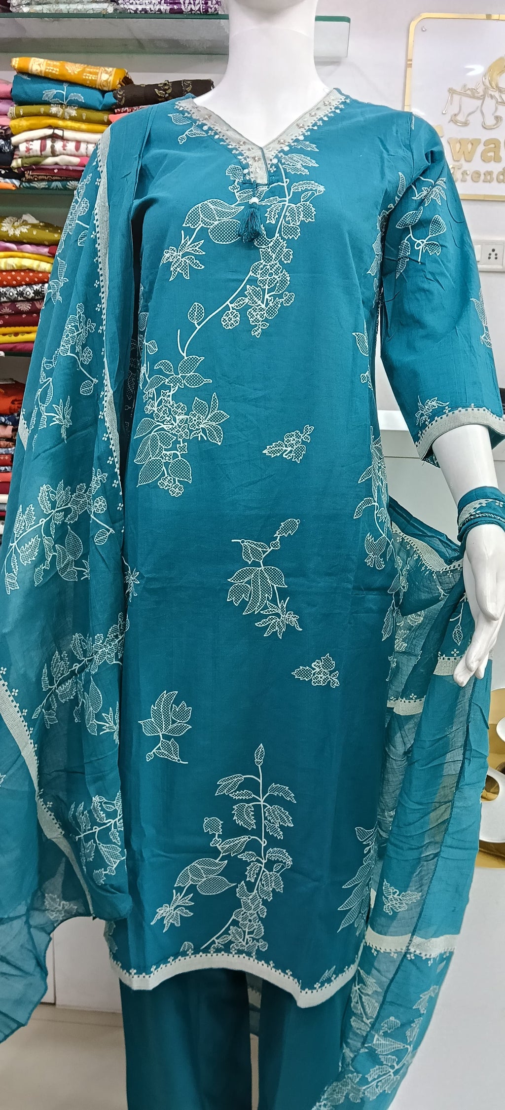 Teal Blue Mul Cotton Floral Printed Kurta Pant Dupatta Set for Women | Elegant Ethnic 3 Piece Suit