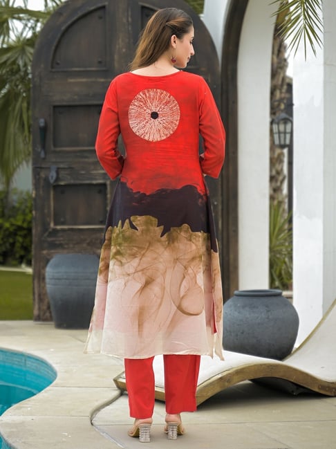 Red Ombre Smoke Printed with Tie-Die Mul Cotton A-Line Kurti with Pants | Designer 2-Piece Ethnic Set for Women