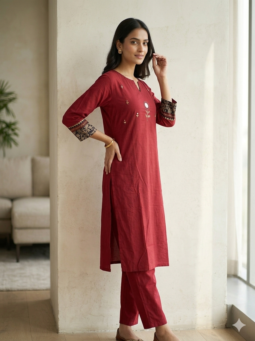 Maroon Embroidered Cotton Blend Kurta Pant Set for Women | Stylish 2 Piece Ethnic Wear