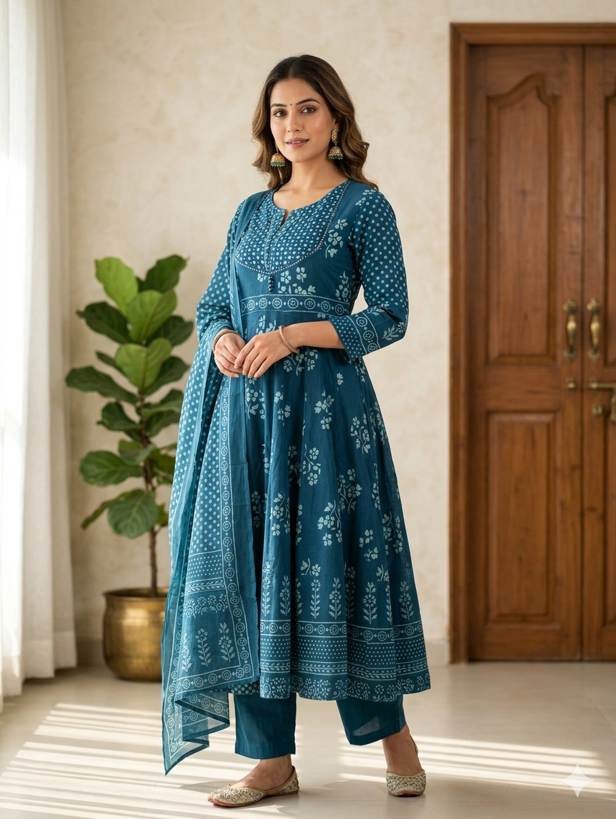 Teal Blue Handblock Printed Cotton Anarkali Suit Set with Dupatta | 3 Piece Ethnic Set