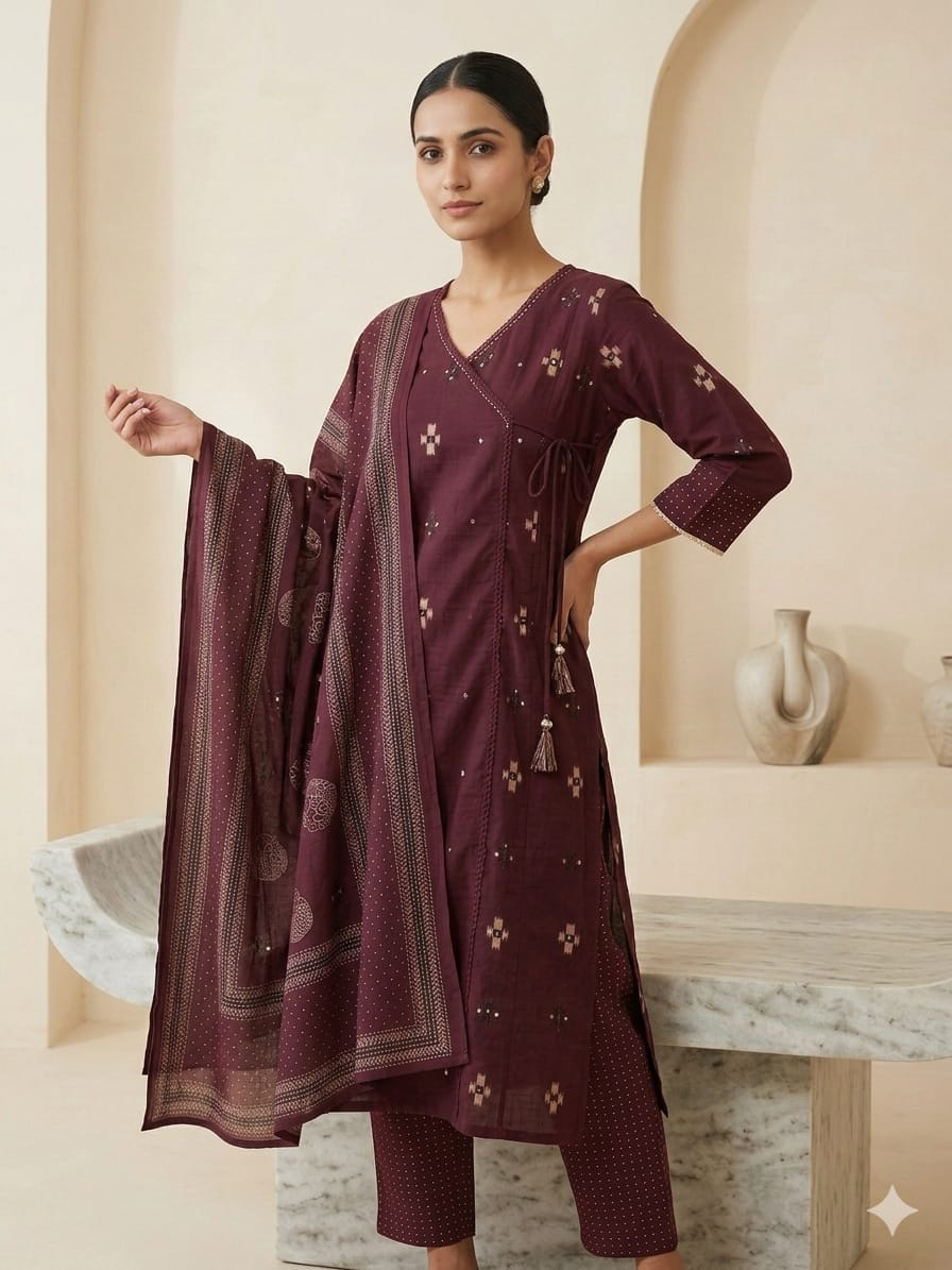 Elegant Wine Cotton Printed Kurta Set with Dupatta – 3 Piece Ethnic Suit