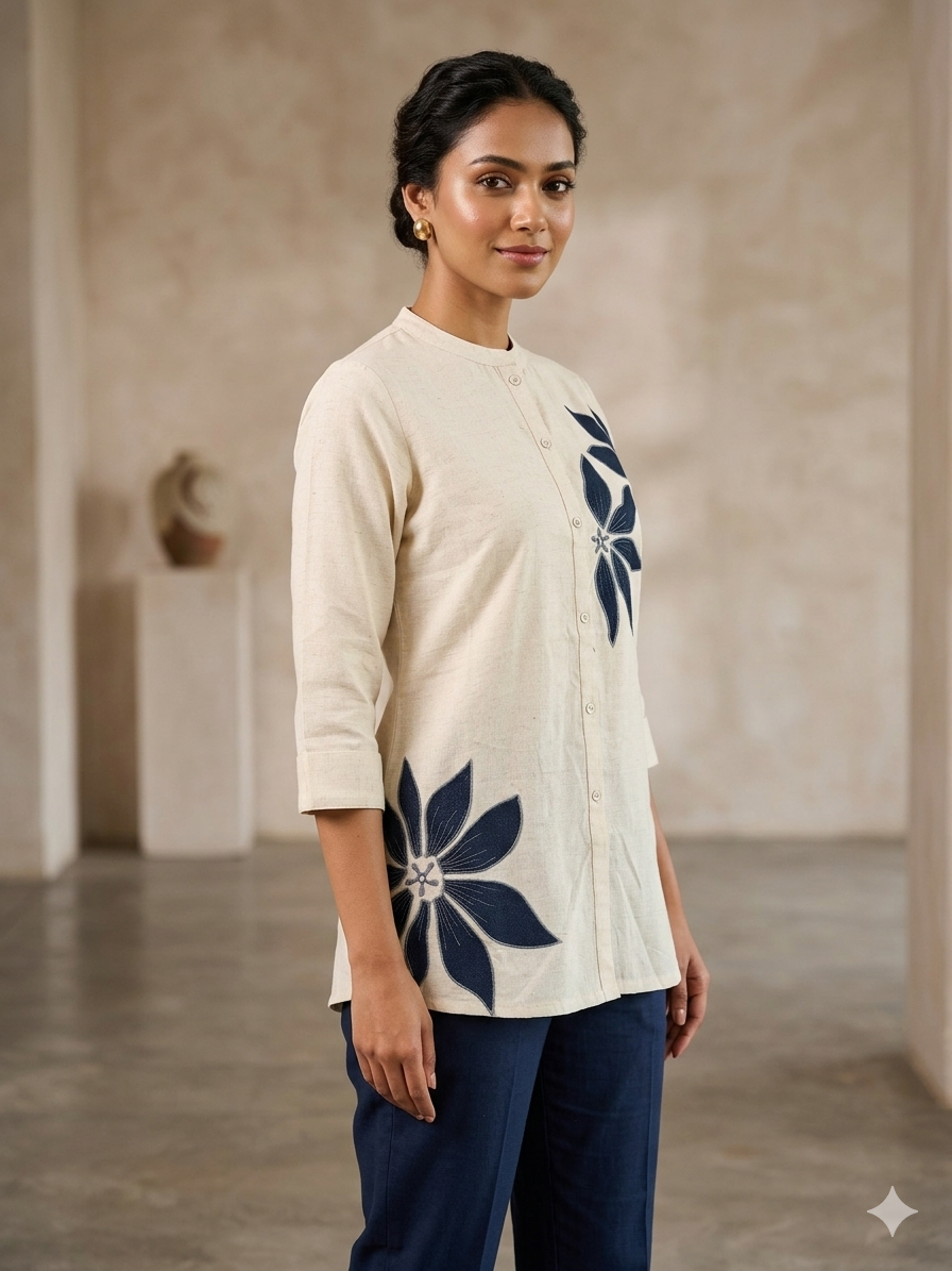 Women’s Cotton Flex Floral Embroidered Short Top – Off White & Navy Blue