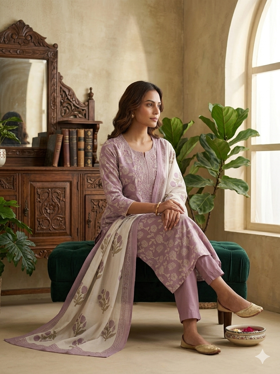 Lavender Floral Printed Cotton Kurta Set with Embroidered Neckline & Dupatta