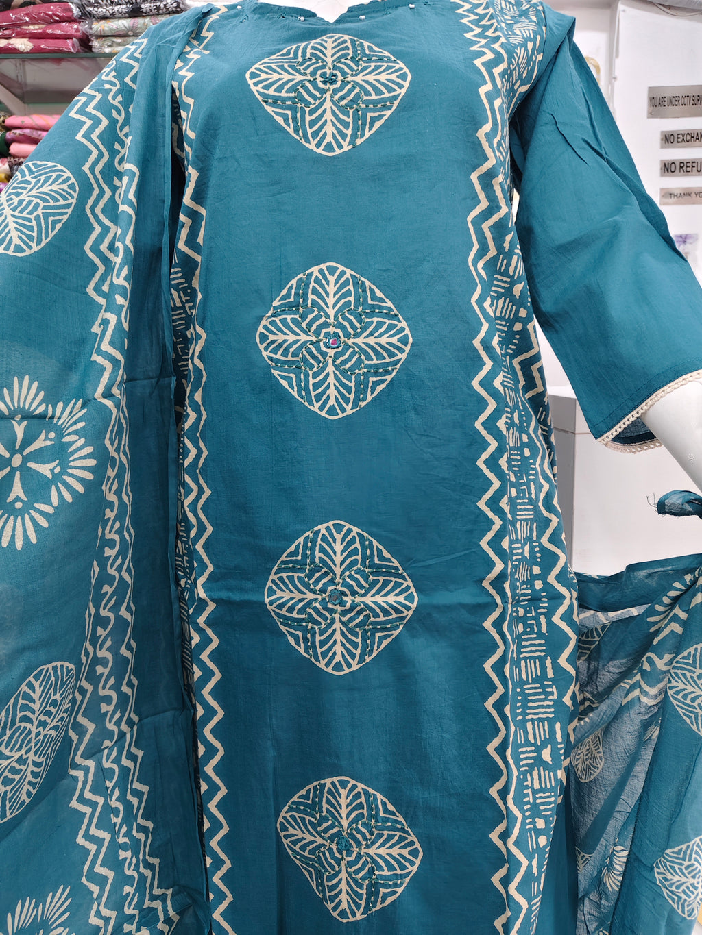 Deep Teal Geometric Block Print Kurta set with Dupatta