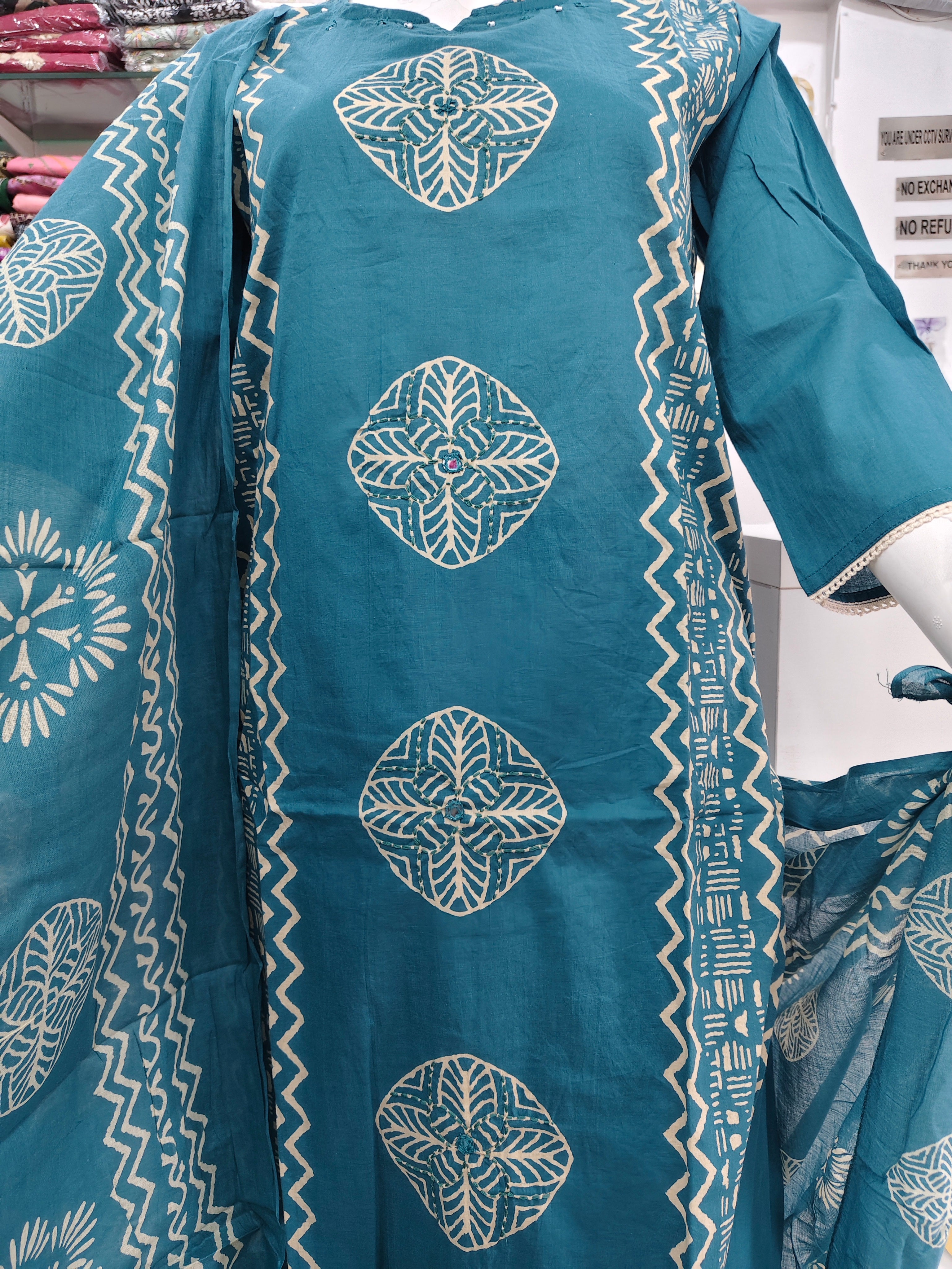 Deep Teal Geometric Block Print Kurta set with Dupatta