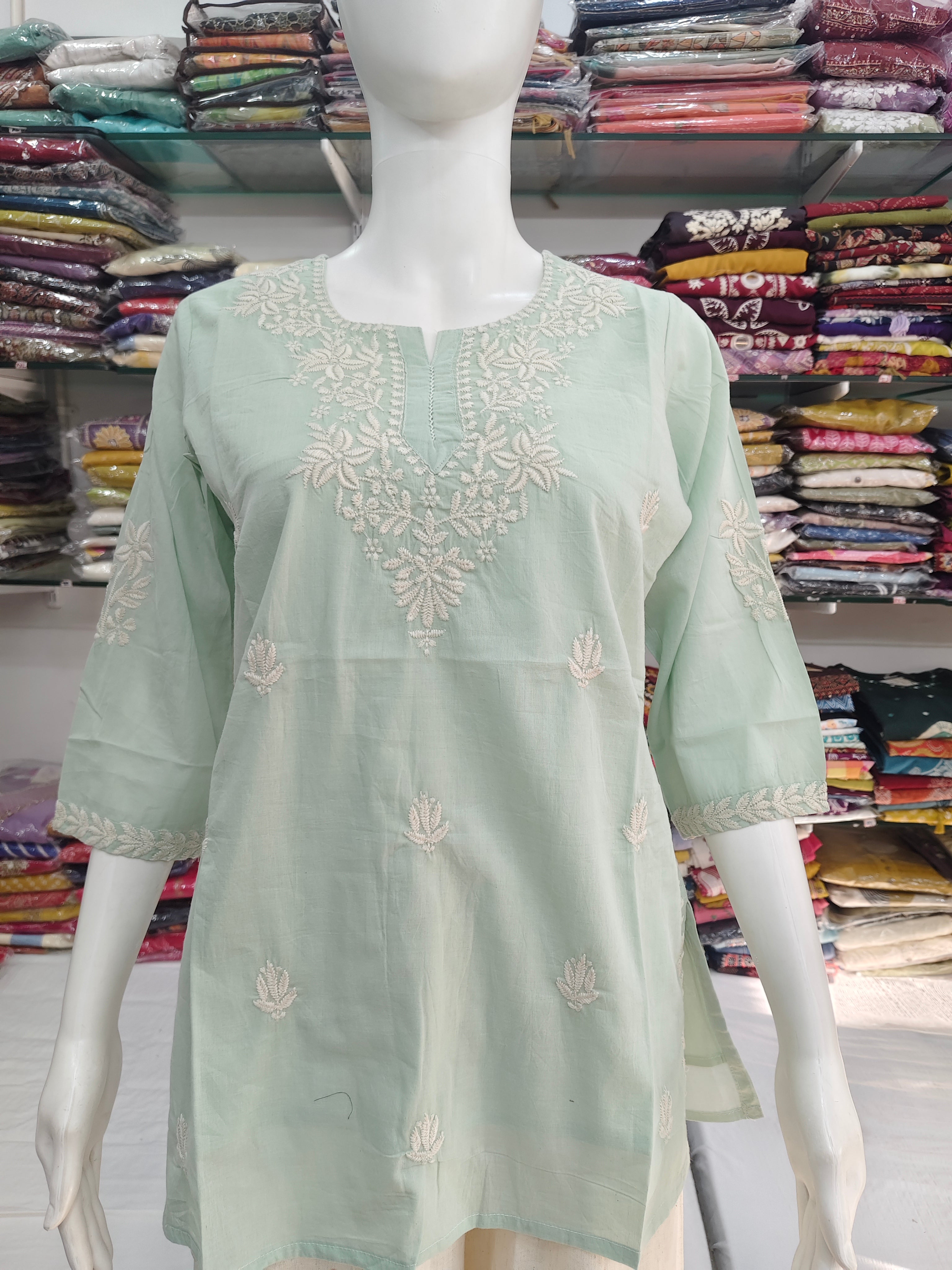 Women’s Mul Cotton Embroidered Short Kurti Top – Pista Green