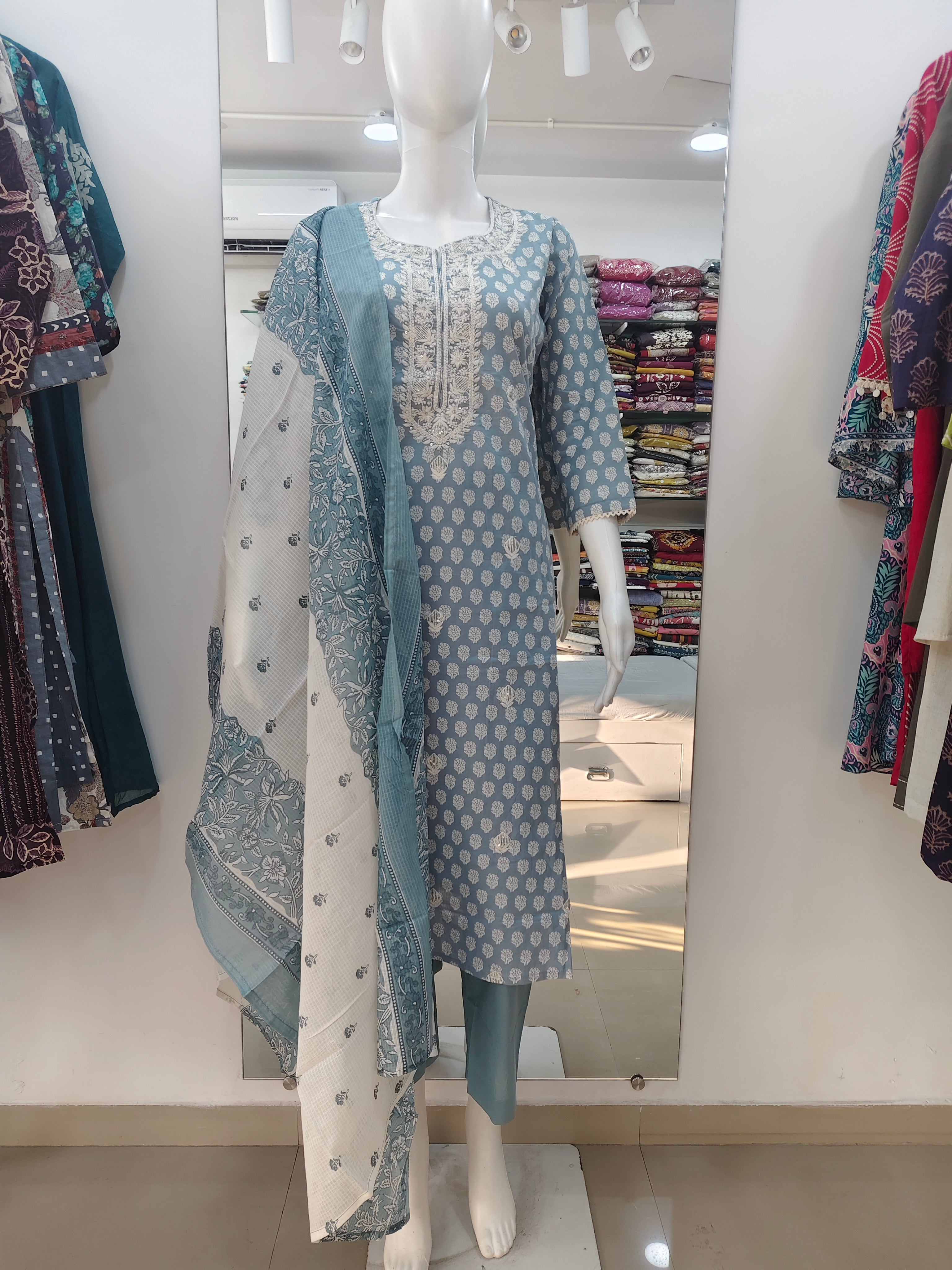Powder Blue Handblock Printed Cotton Suit Set with Embroidered Neckline & Dupatta