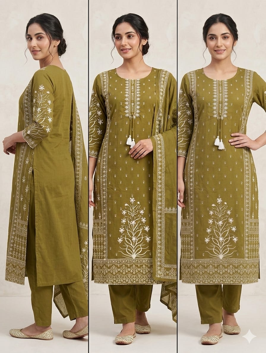 Olive Green Mul Cotton Printed Kurta Set with Dupatta | 3 Piece Ethnic Suit Set