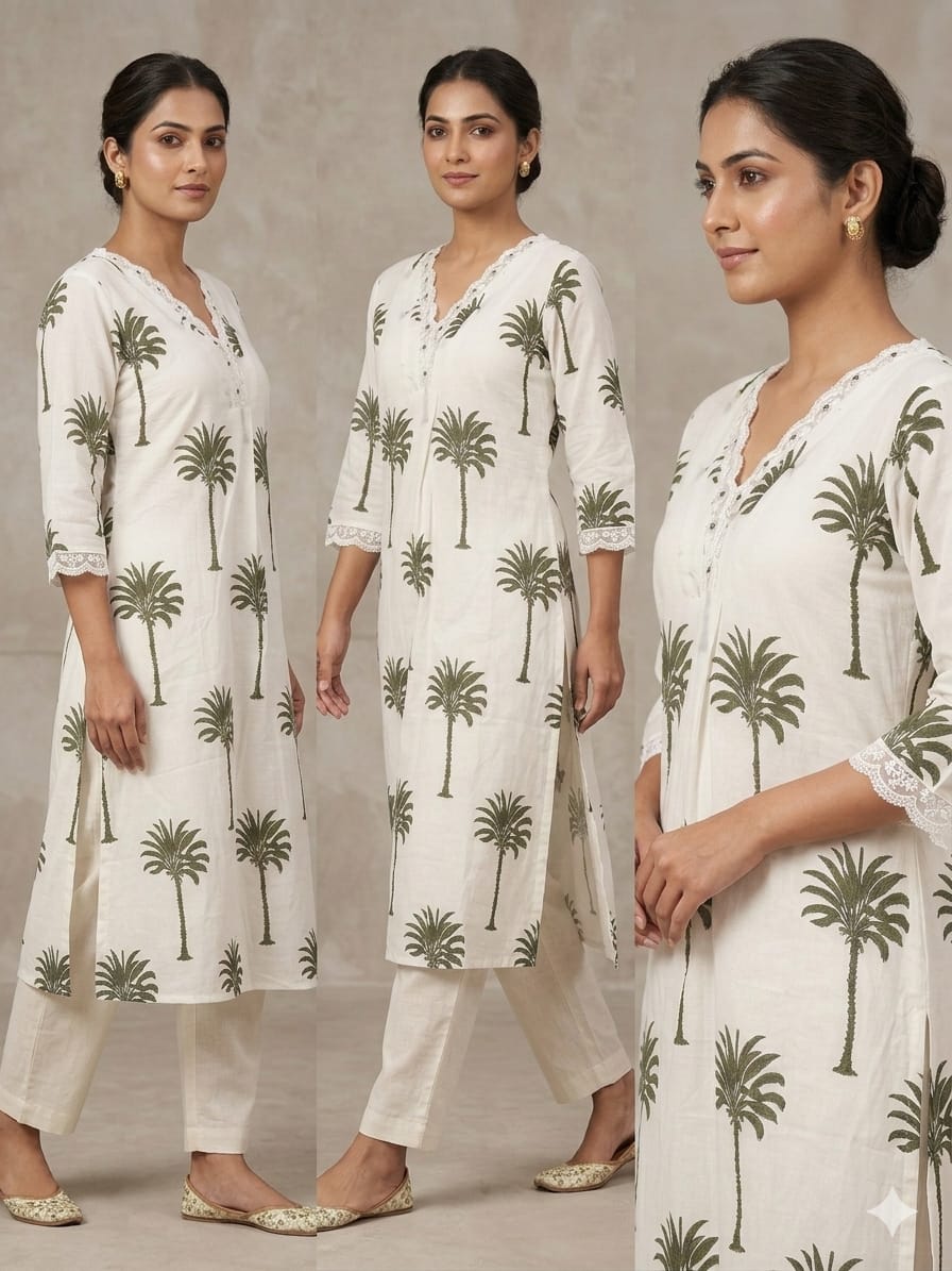 Elegant White Palm Print Kurta Set with Lace Detailing