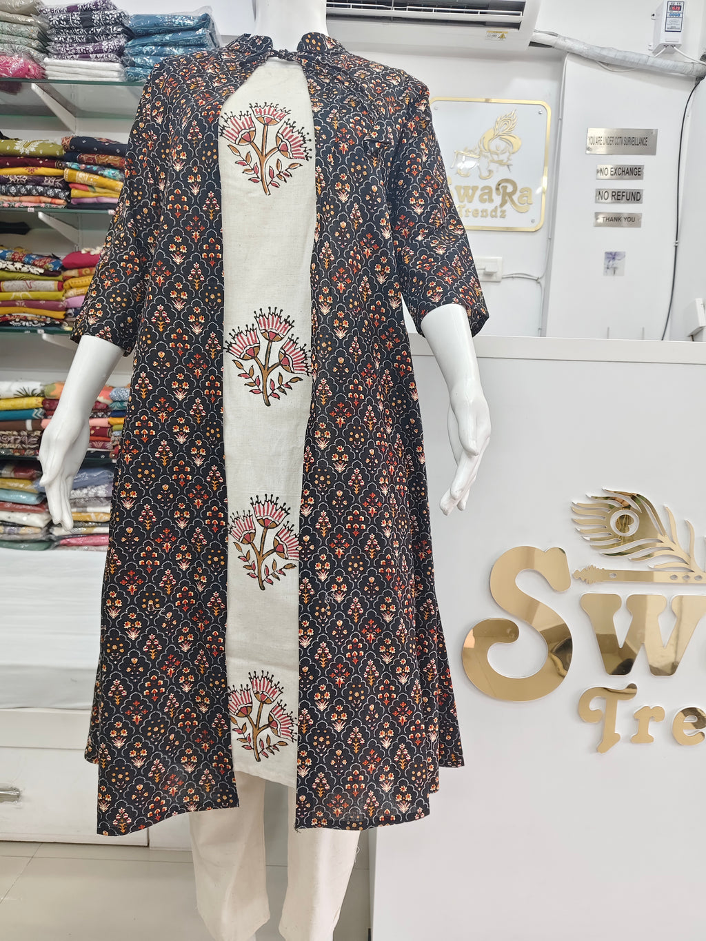 Elegant Cotton Flex Kurti Set with Printed Jacket – Ethnic Floral Design