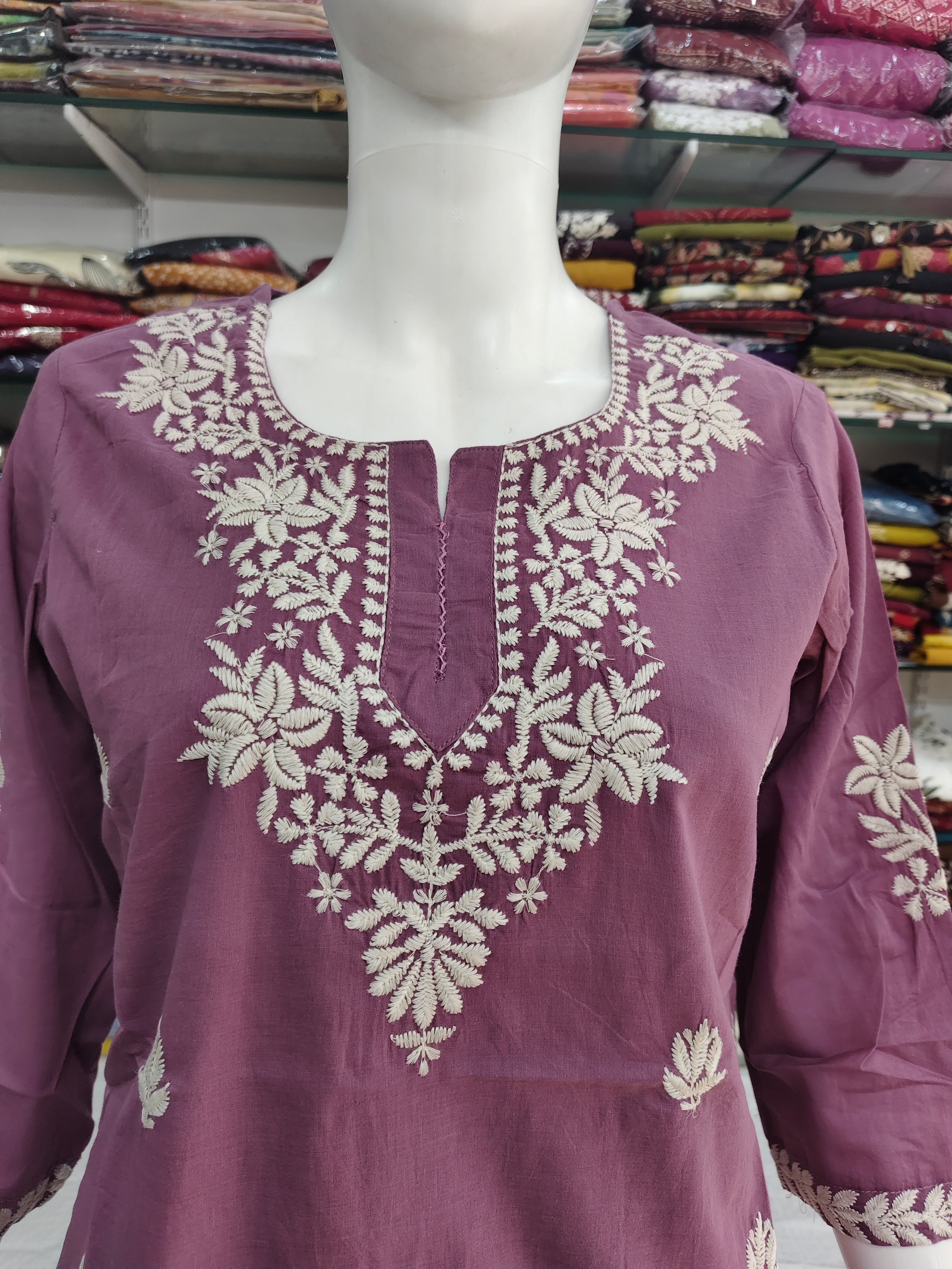 Women’s Mul Cotton Embroidered Short Kurti Top – Lavender Pink