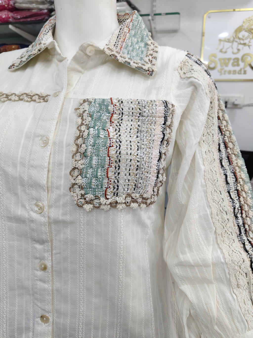 Elegant Pure Cotton Textured Short Top with Handcrafted Jute Lace Detailing