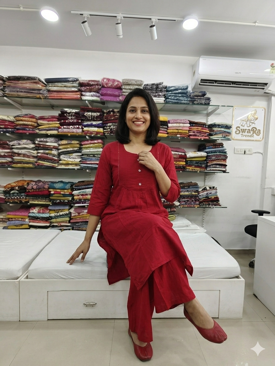 Elegant Mul Cotton 2-Piece Red Kurti Palazzo Set – Soft & Breathable Daily Wear