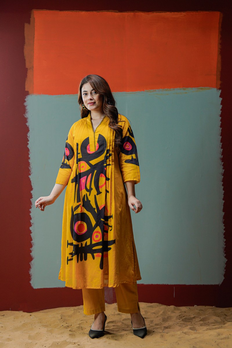 Mustard Abstract Print Kurta Pant Set – Statement Ethnic Co-Ord for Women