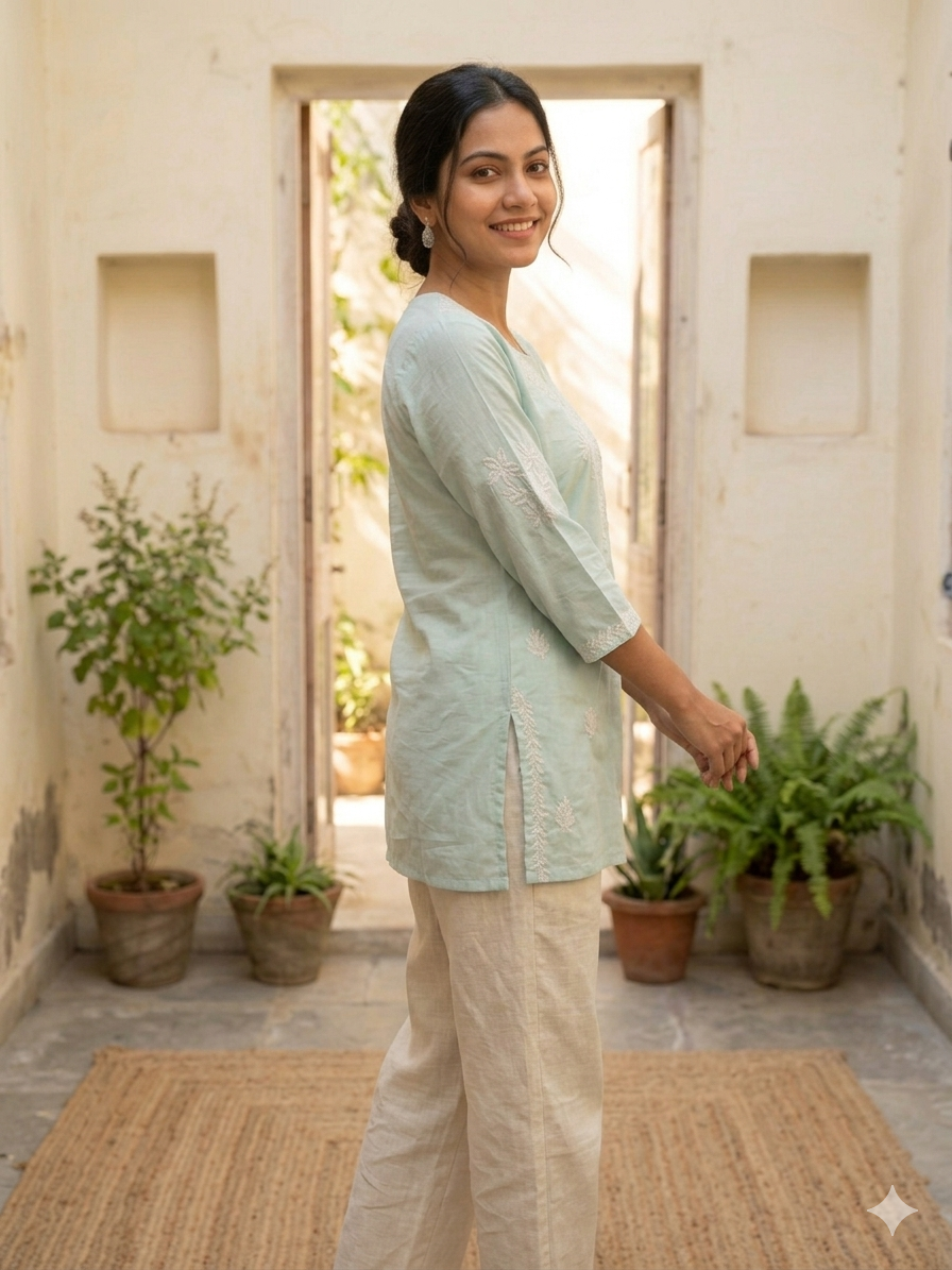 Women’s Mul Cotton Embroidered Short Kurti Top – Pista Green