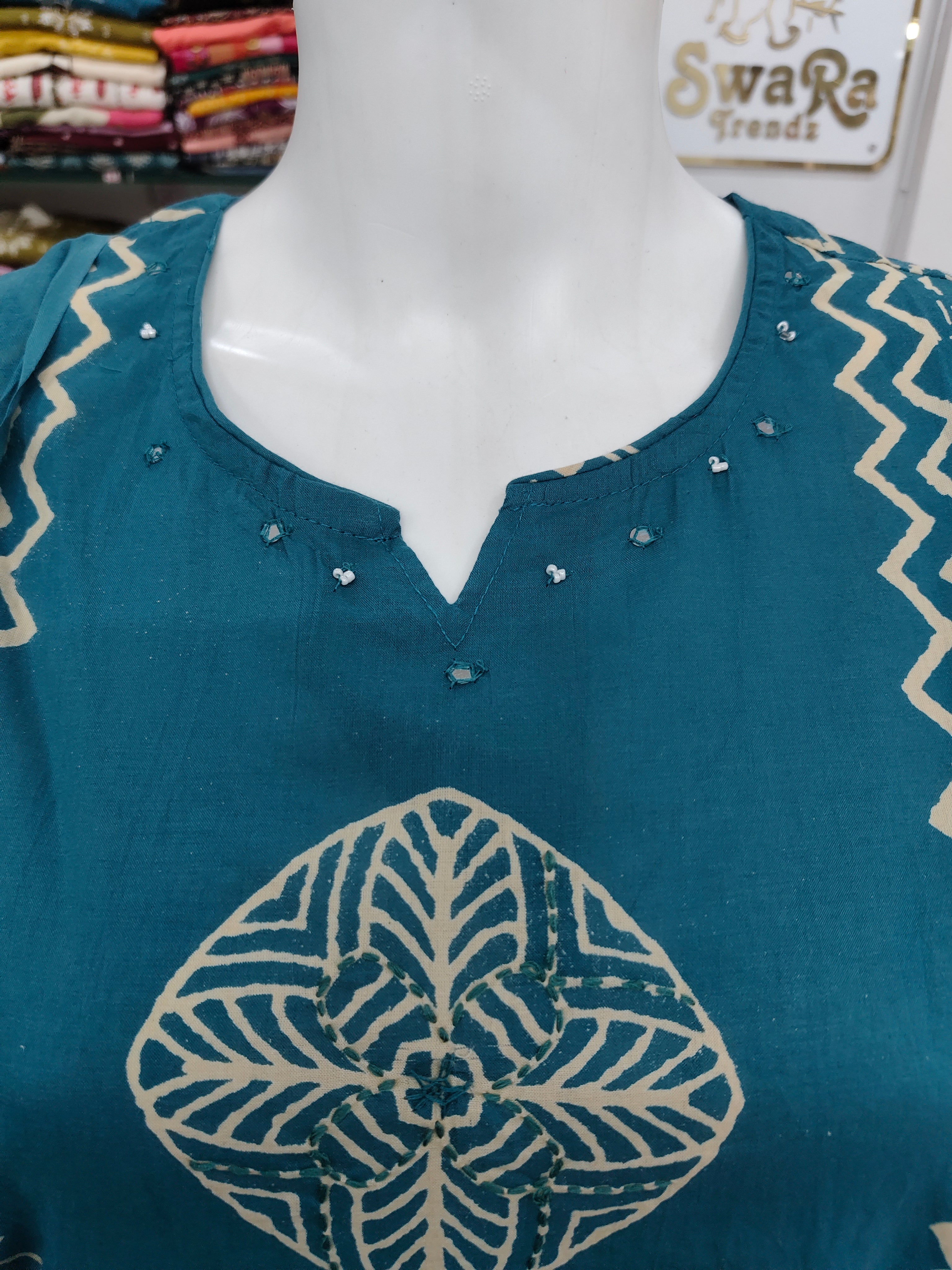 Deep Teal Geometric Block Print Kurta set with Dupatta