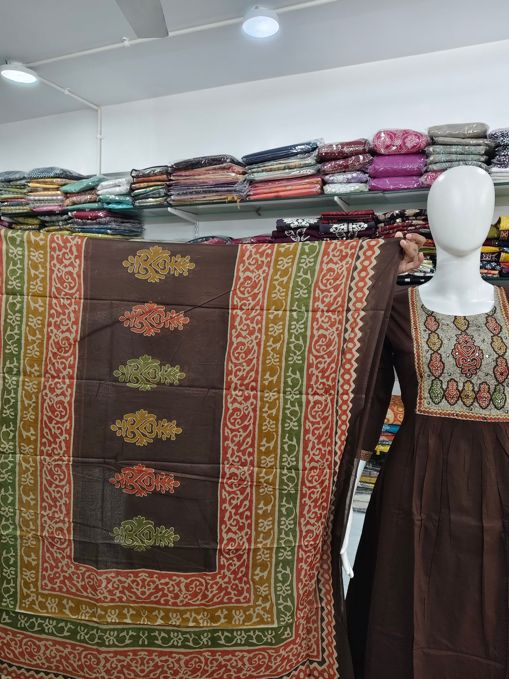 Elegant Brown Cotton Kurti Set with Printed Dupatta & Bottom