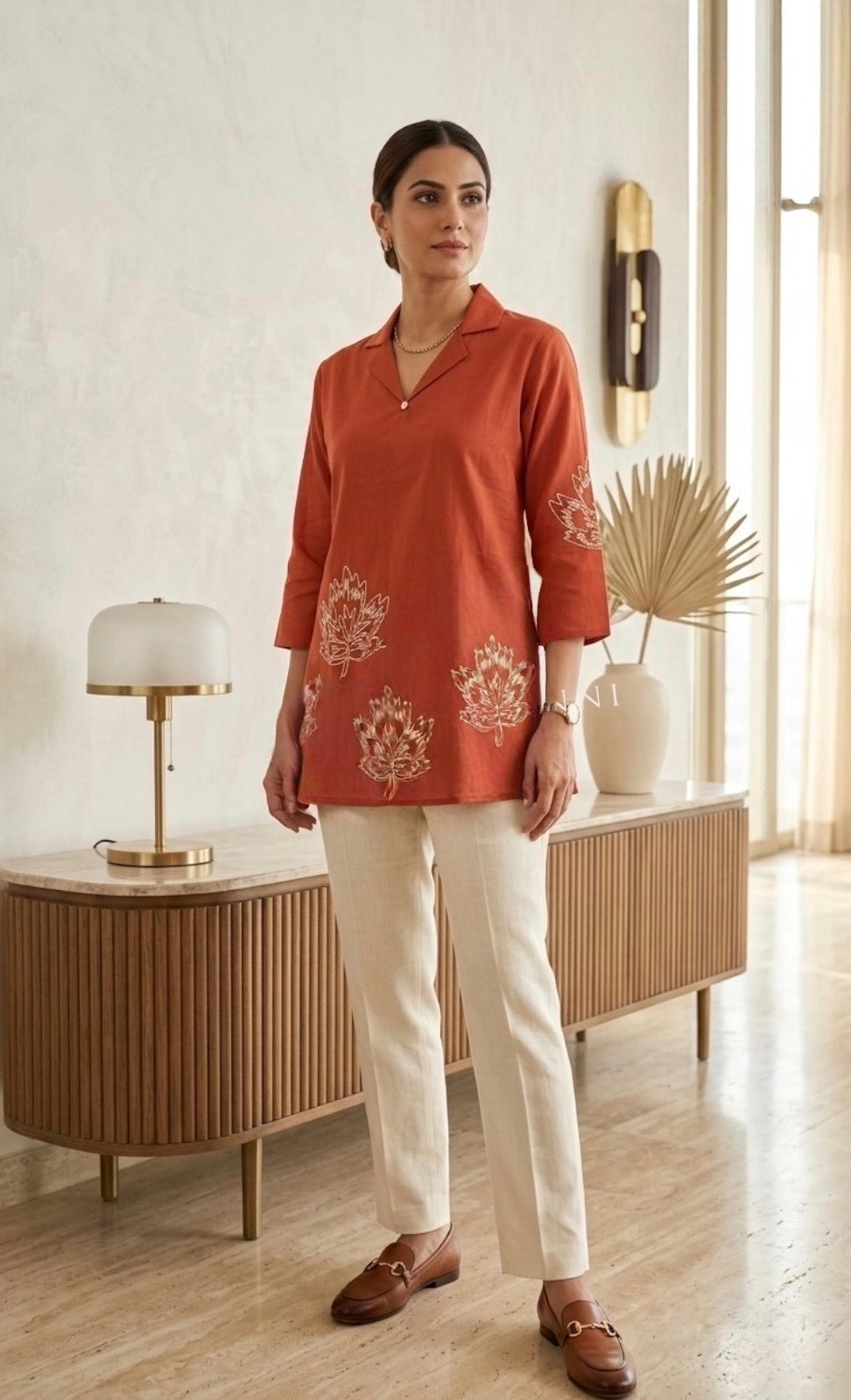 Rust Red Cotton Short Top with Leaf Embroidery | Casual A-Line Tunic for Women
