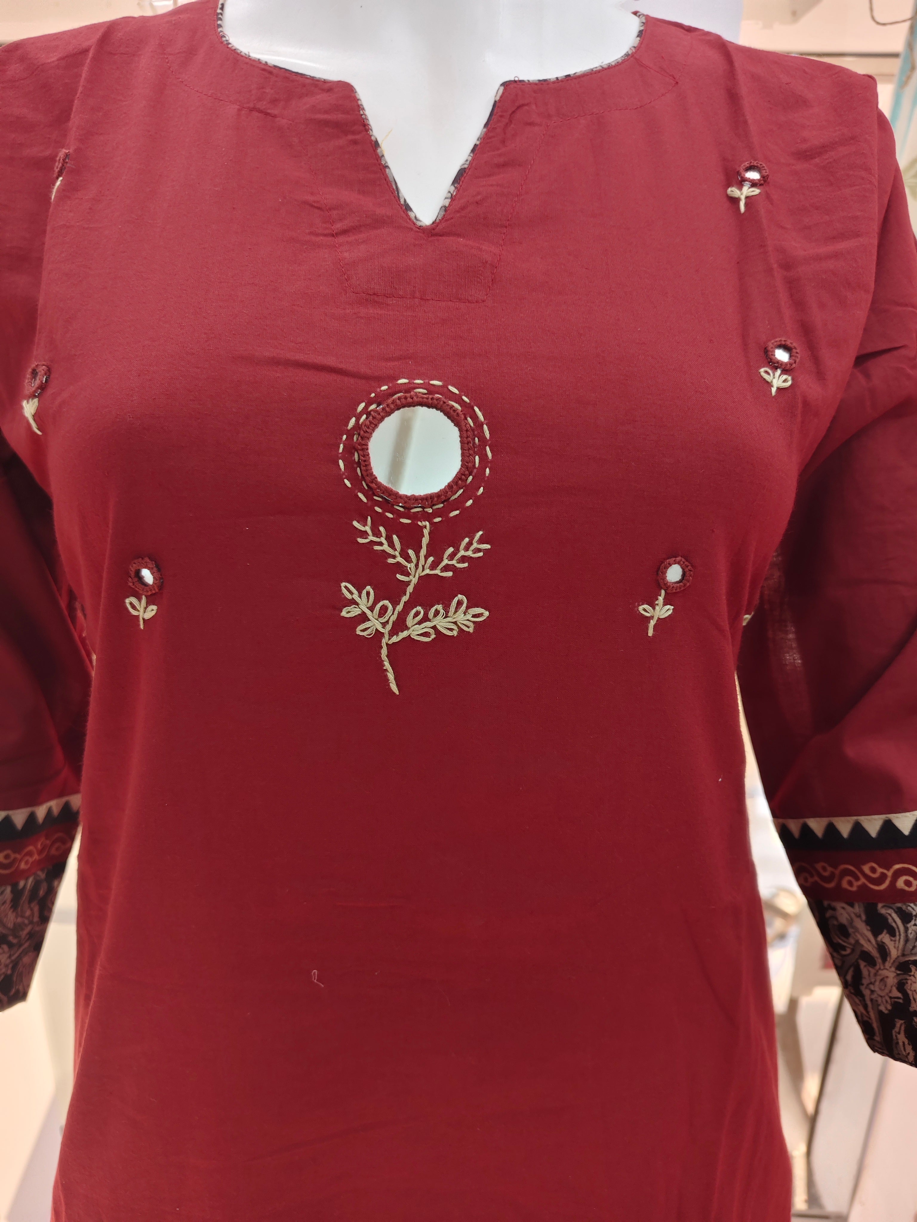 Maroon Embroidered Cotton Blend Kurta Pant Set for Women | Stylish 2 Piece Ethnic Wear