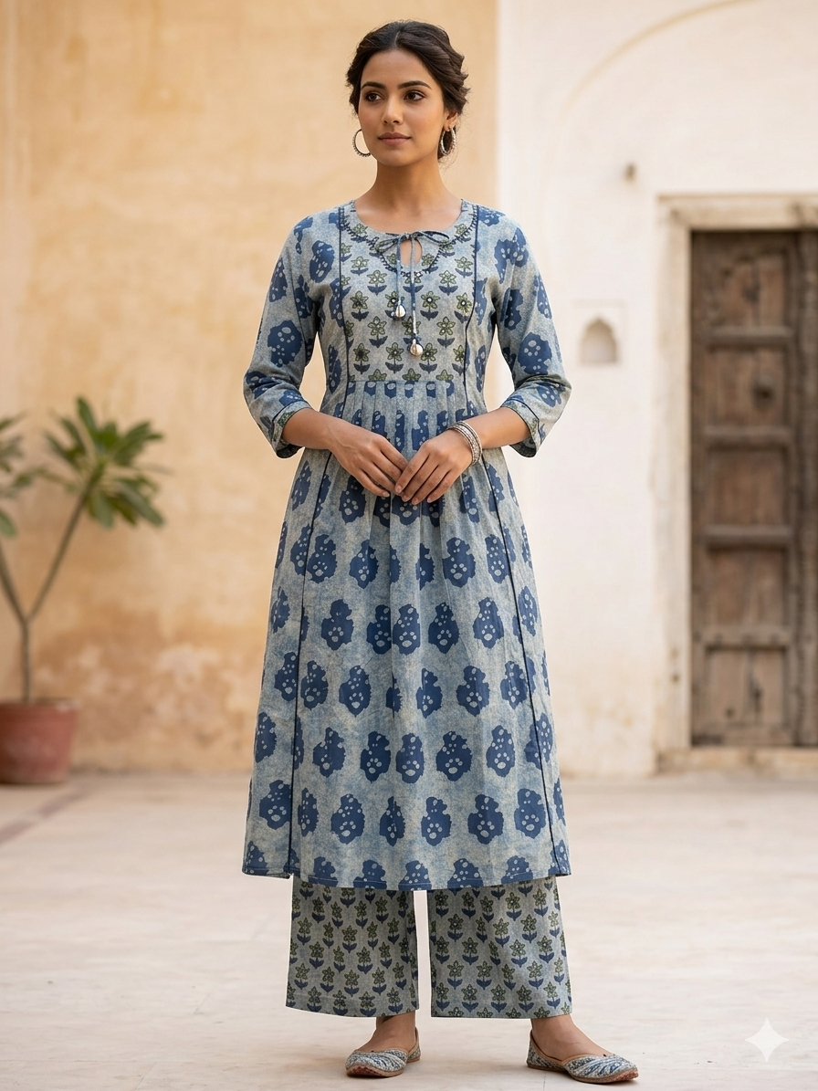 Elegant Indigo Printed Kurti with Palazzo Set (2-Piece Cotton Outfit)