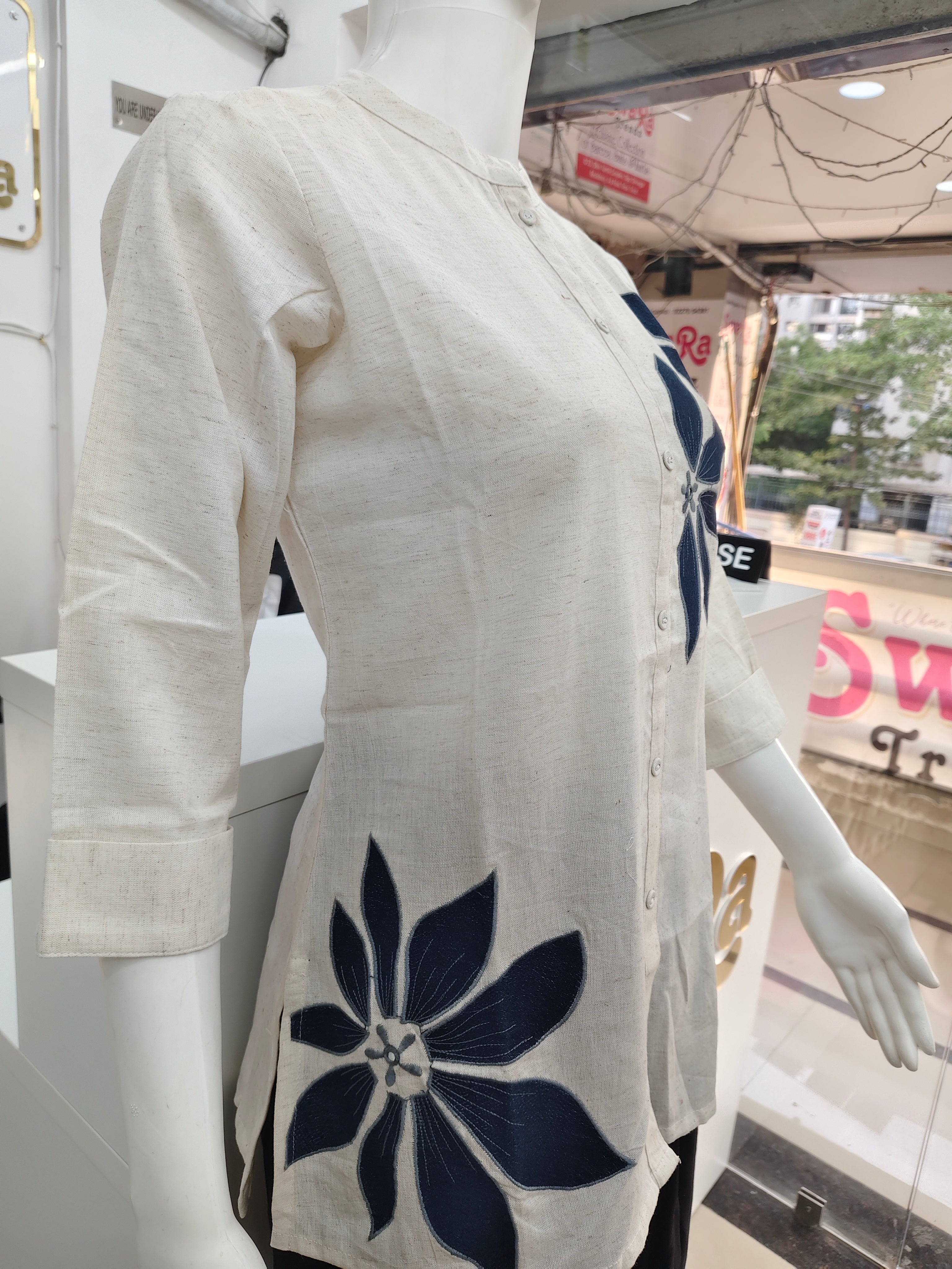 Women’s Cotton Flex Floral Embroidered Short Top – Off White & Navy Blue