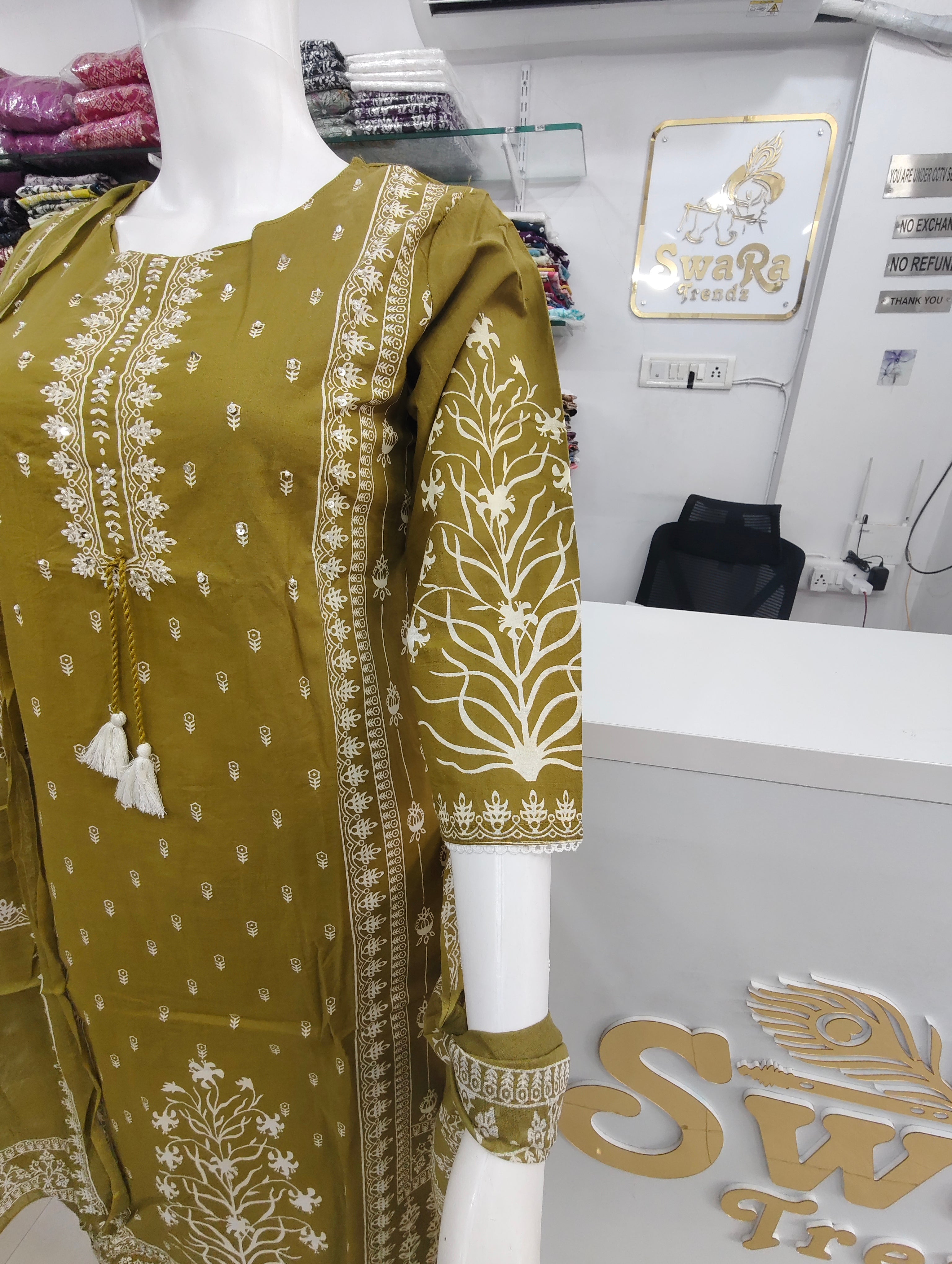 Olive Green Mul Cotton Printed Kurta Set with Dupatta | 3 Piece Ethnic Suit Set