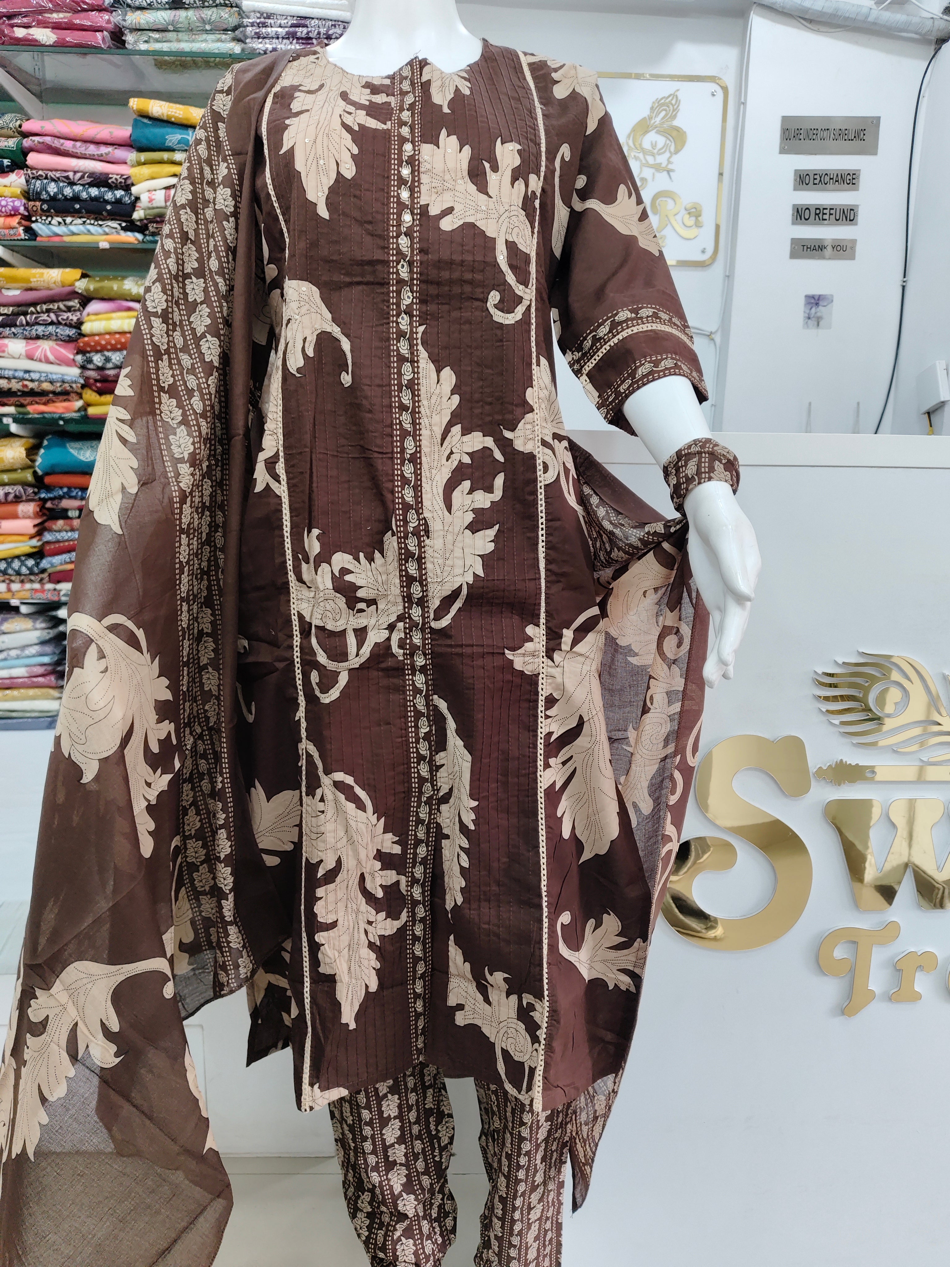 Elegant Brown Printed Kurta set with Dupatta Ethnic 3 piece set for women