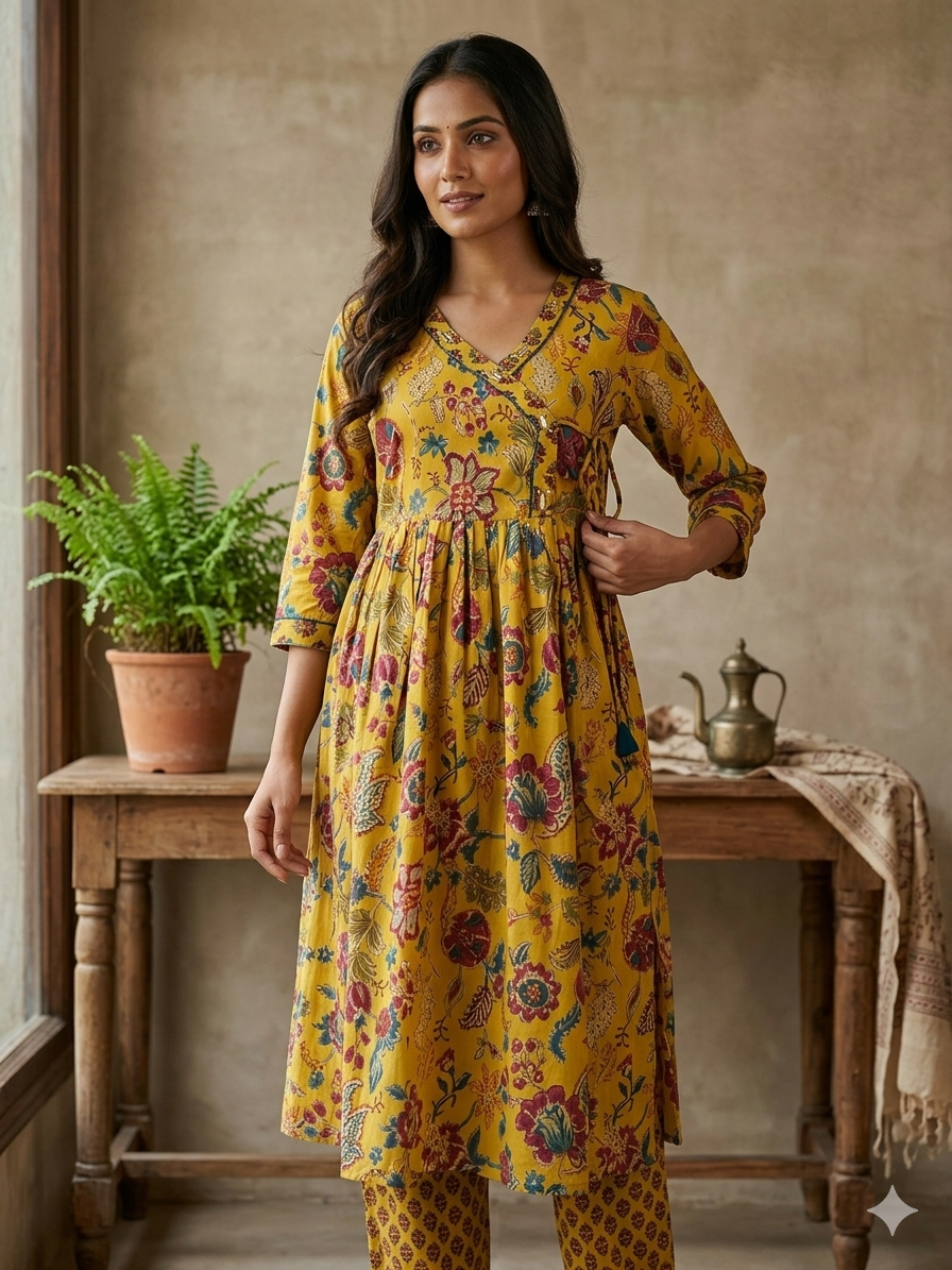 Mustard Yellow Floral Cotton Kurti with Printed Pant (2-Piece Set)