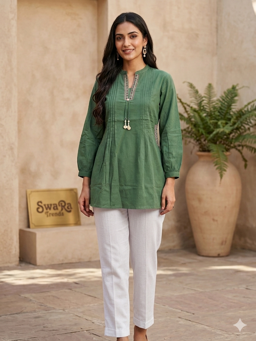 Elegant Green Cotton flex Short Top with Pintuck Design & Embroidered Neckline
