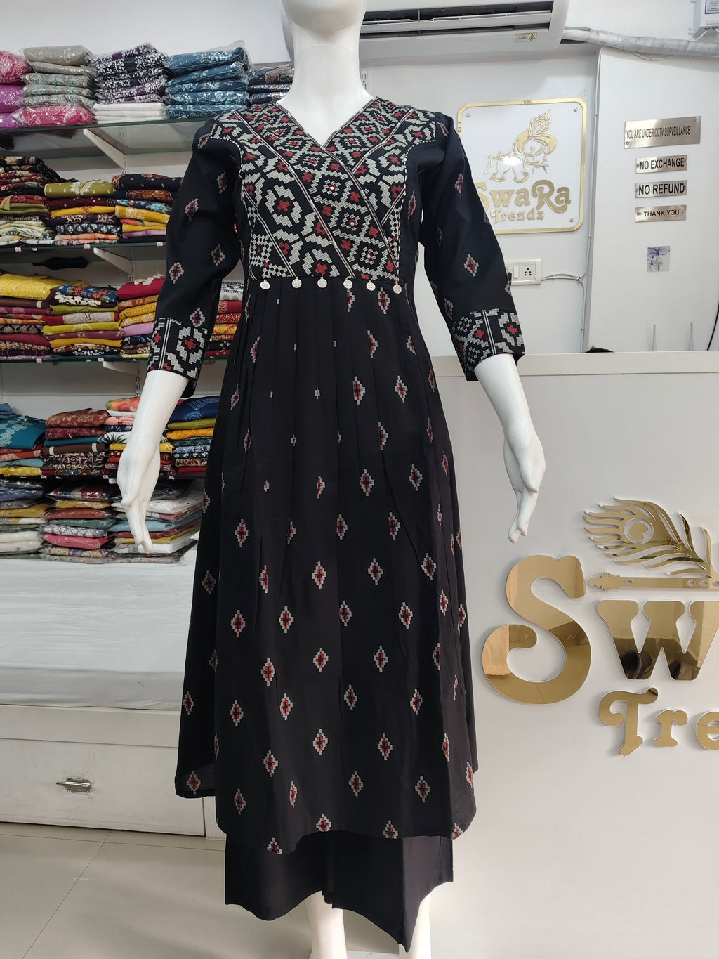 Elegant Black Printed Cotton Kurti with Coin Detail | A-Line Ethnic Dress for Women