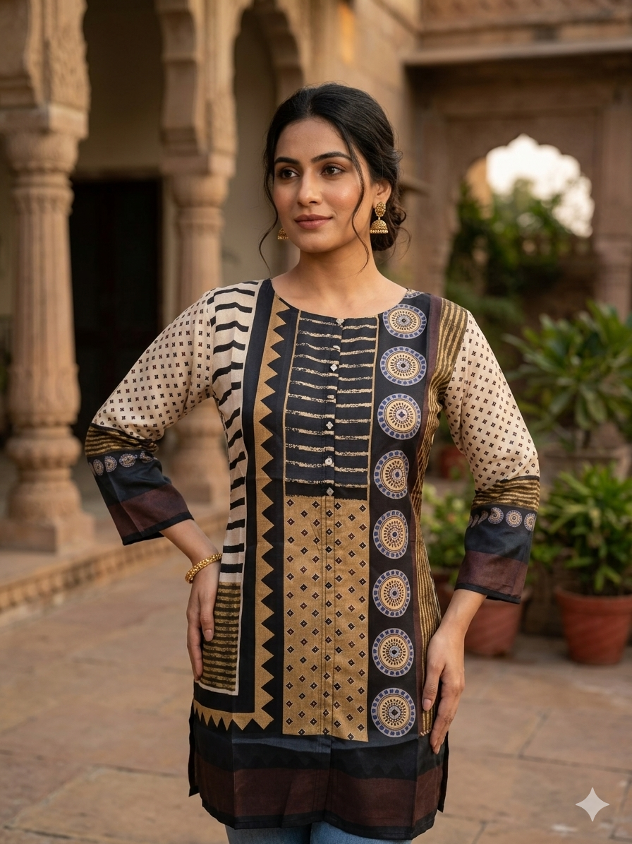 Classic Silk Printed Short Kurti Top for Women – Elegant Ethnic Casual Wear