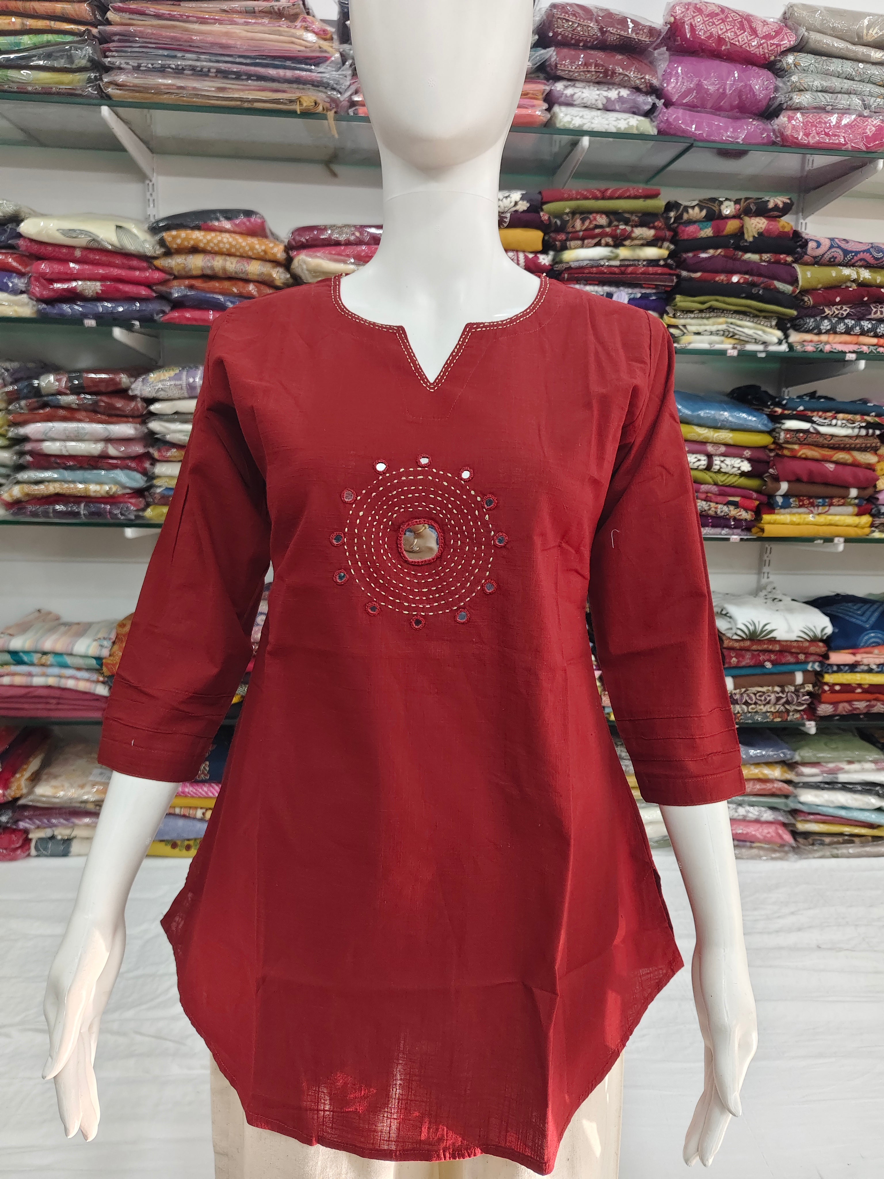 Women’s Maroon Cotton Flex Short Top with Mirror Work & Hand Stitch Detailing