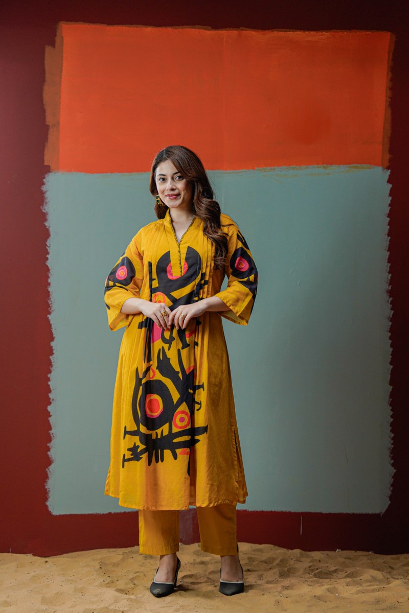 Mustard Abstract Print Kurta Pant Set – Statement Ethnic Co-Ord for Women