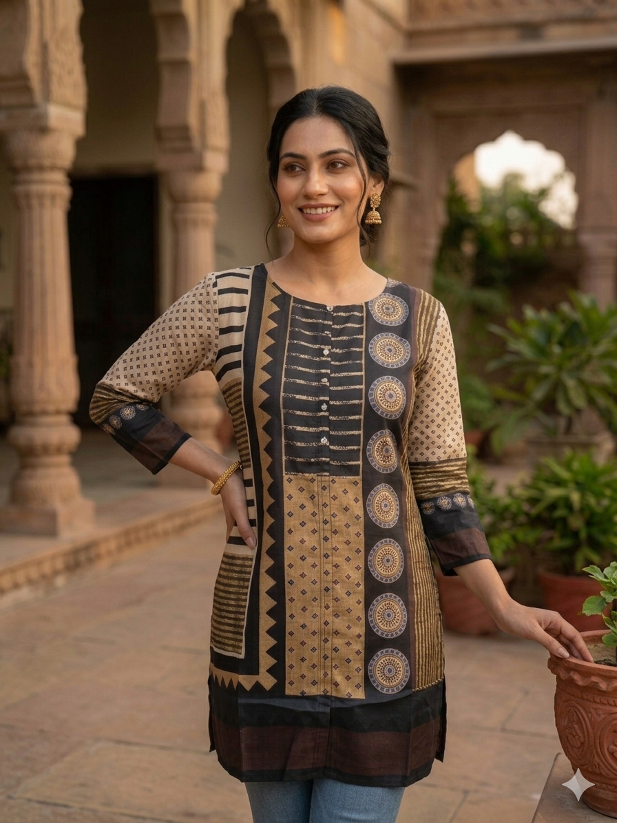 Classic Silk Printed Short Kurti Top for Women – Elegant Ethnic Casual Wear