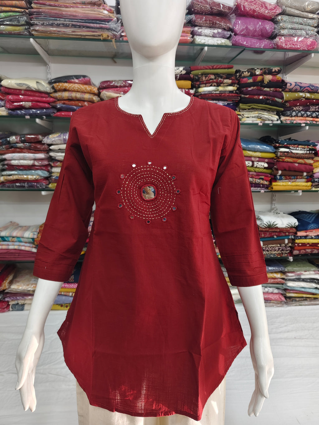 Women’s Maroon Cotton Flex Short Top with Mirror Work & Hand Stitch Detailing