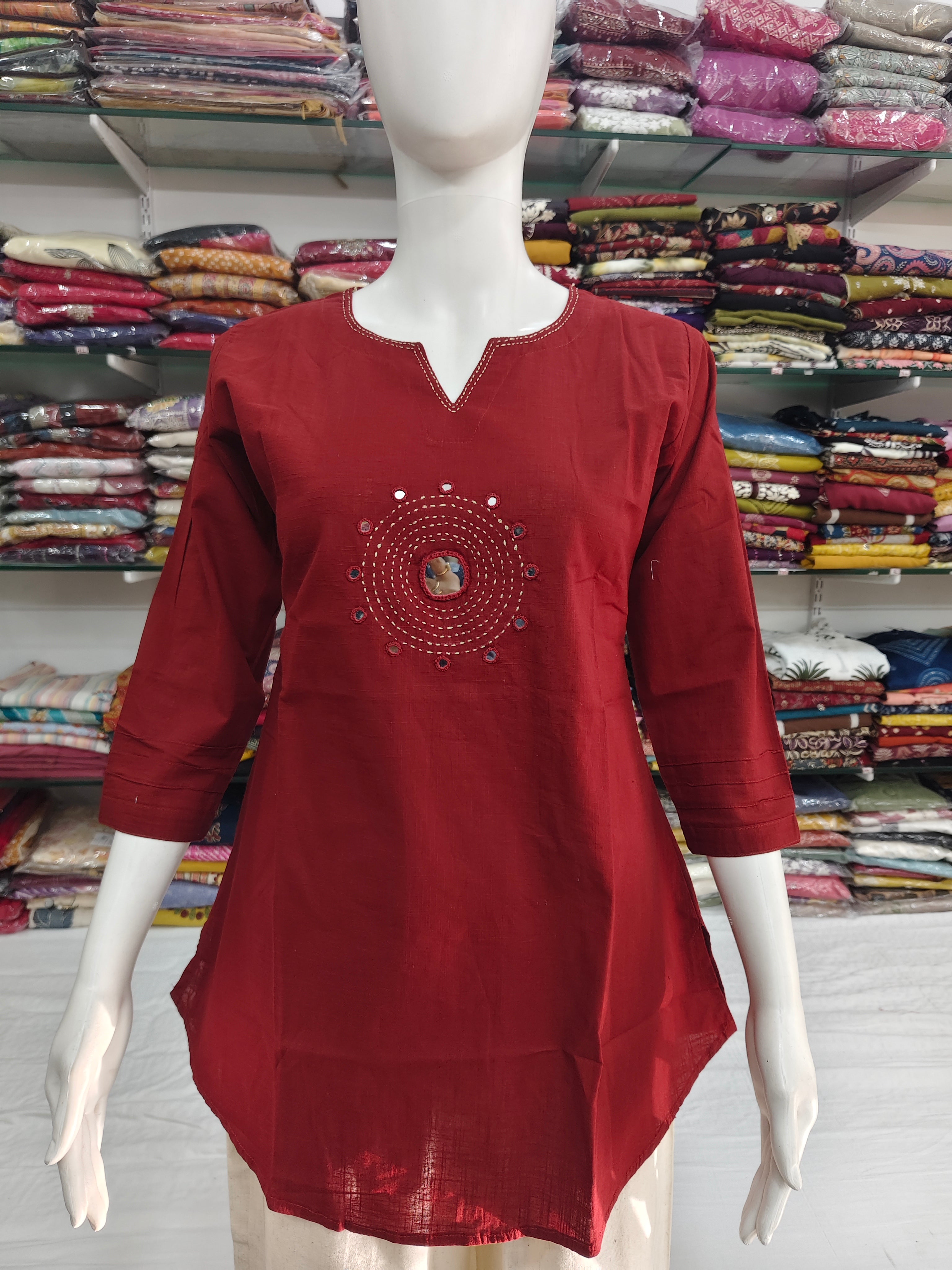 Women’s Maroon Cotton Flex Short Top with Mirror Work & Hand Stitch Detailing