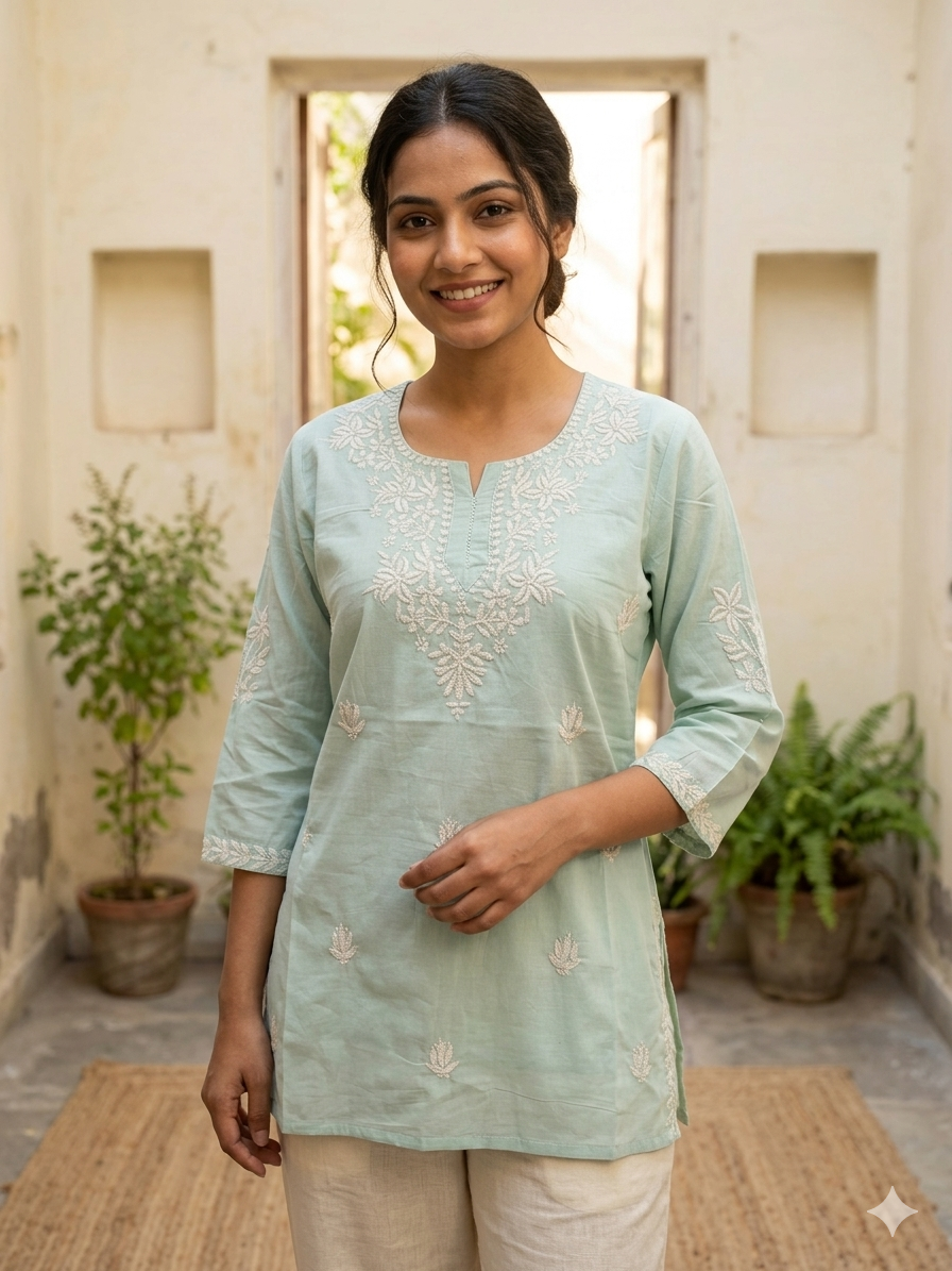 Women’s Mul Cotton Embroidered Short Kurti Top – Pista Green