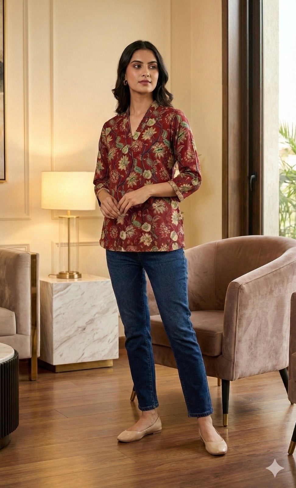 Women’s Maroon Floral Print viscose Short Top