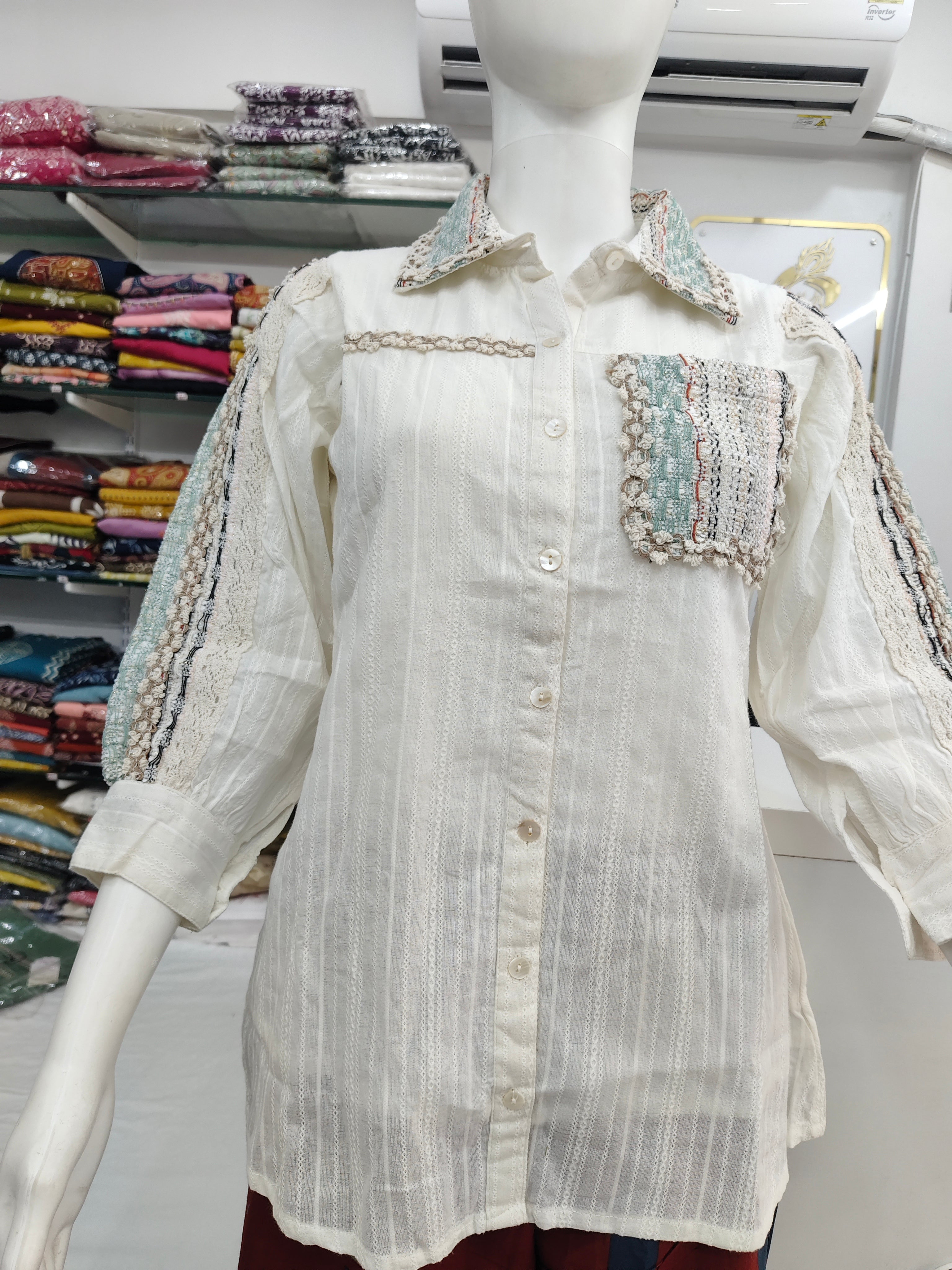 Elegant Pure Cotton Textured Short Top with Handcrafted Jute Lace Detailing
