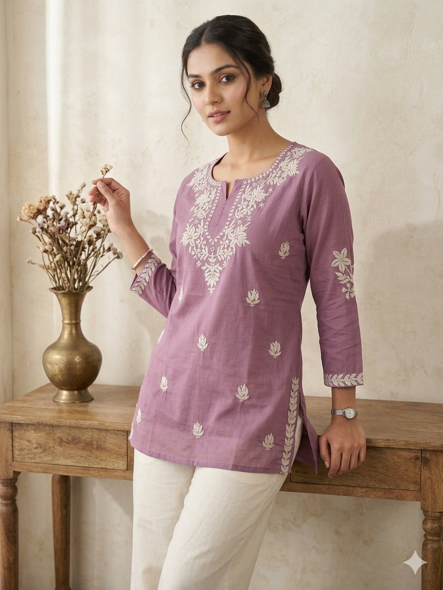 Women’s Mul Cotton Embroidered Short Kurti Top – Lavender Pink