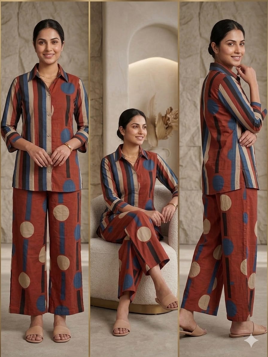 Rust Red Geometric Print Pure Cotton Co-Ord Set for Women