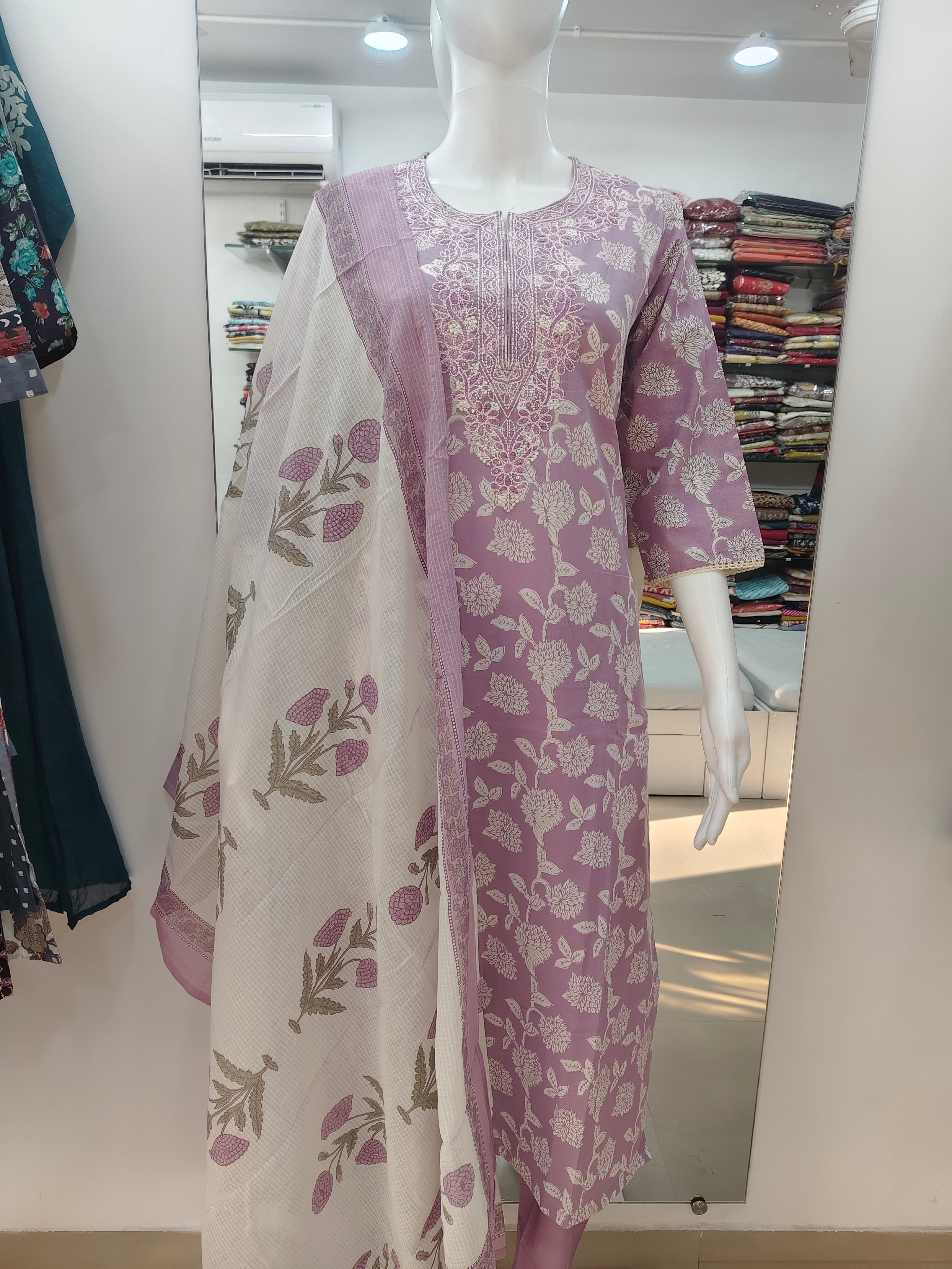 Lavender Floral Printed Cotton Kurta Set with Embroidered Neckline & Dupatta