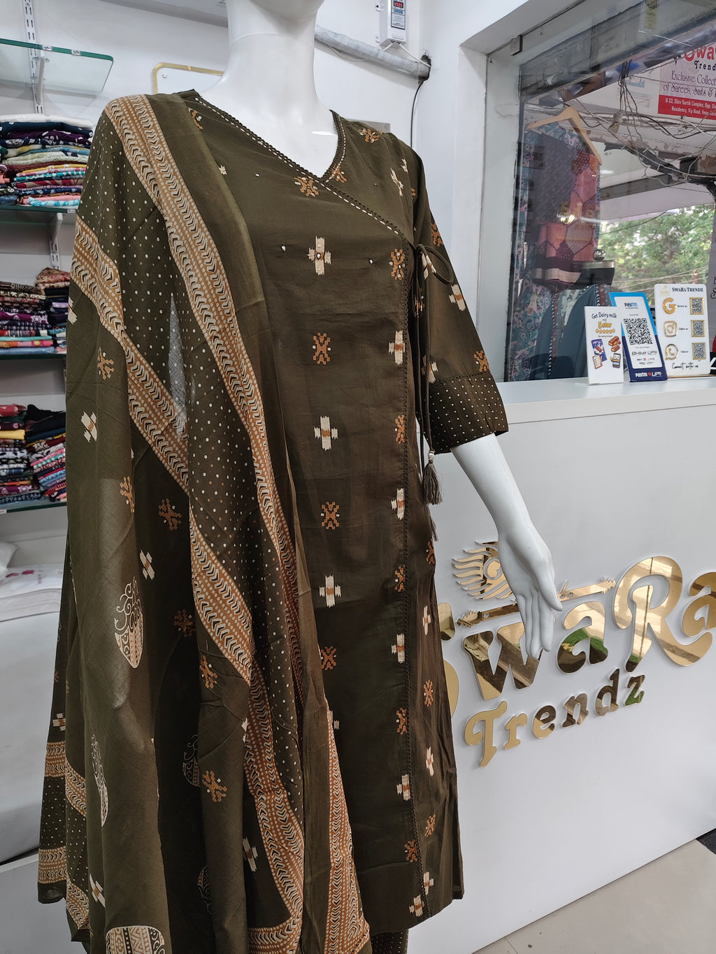 Olive Green Handblock Printed Angrakha Cotton Kurta Set with Dupatta