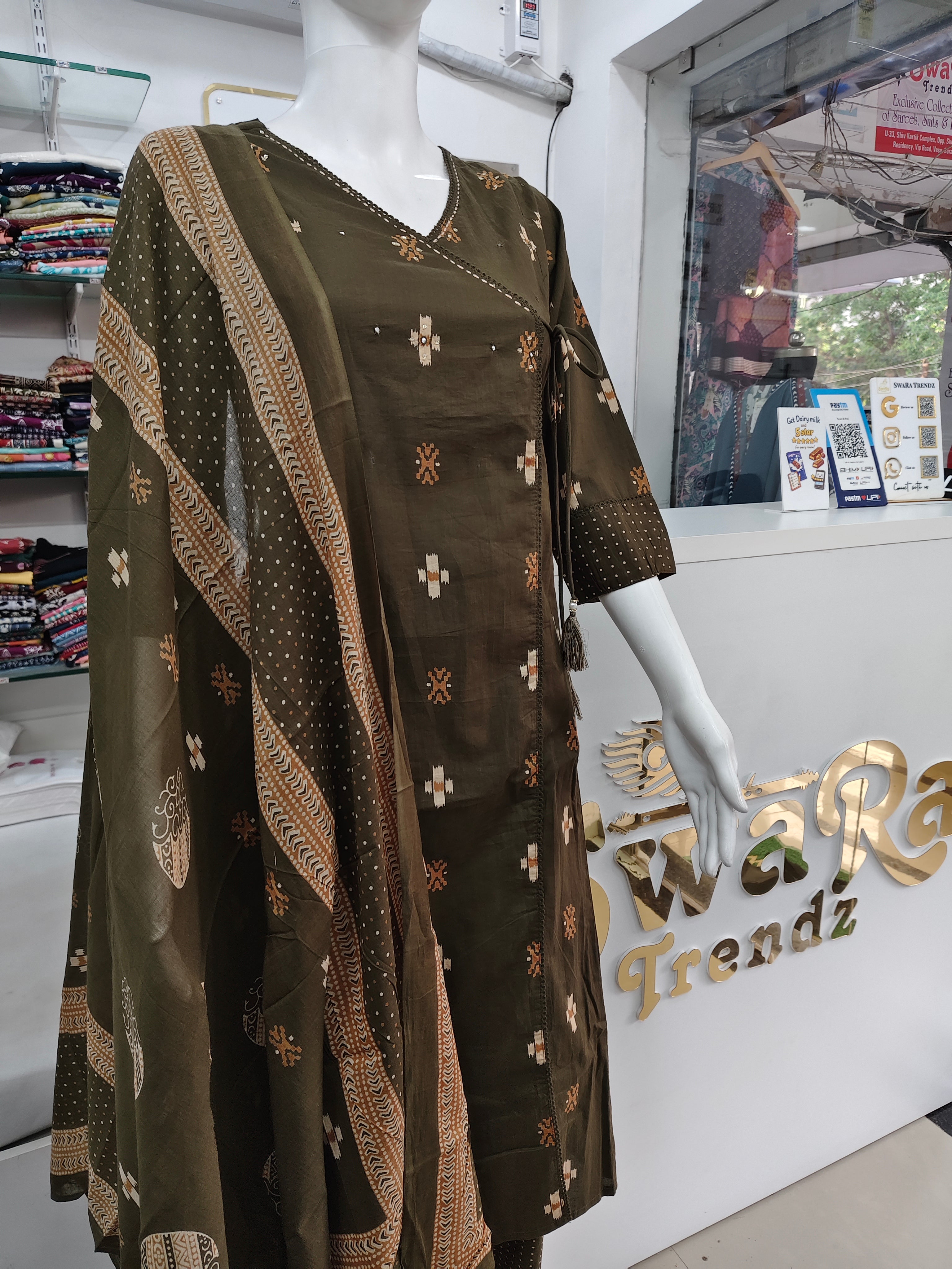 Olive Green Handblock Printed Angrakha Cotton Kurta Set with Dupatta